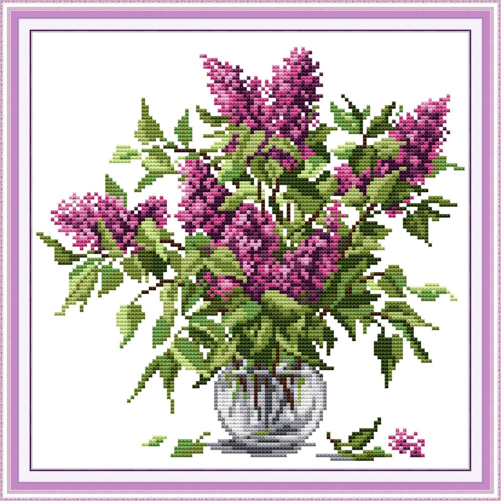 MONDART Cross Stitch Kit A Full Range of Embroidery Starter Kits for Beginners -Purple Flower 3 (Printed Cloth 11CT, 14.57×14.57-inch)