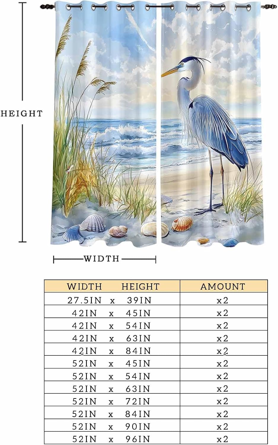 Window Curtain Coastal Beach Blue Seabird Shell Windows Drapes Panel,Summer Ocean Animal Plant Light Filtering Kitchen Cafe Curtains Drape Treatment Set of 2 with Grommet Top