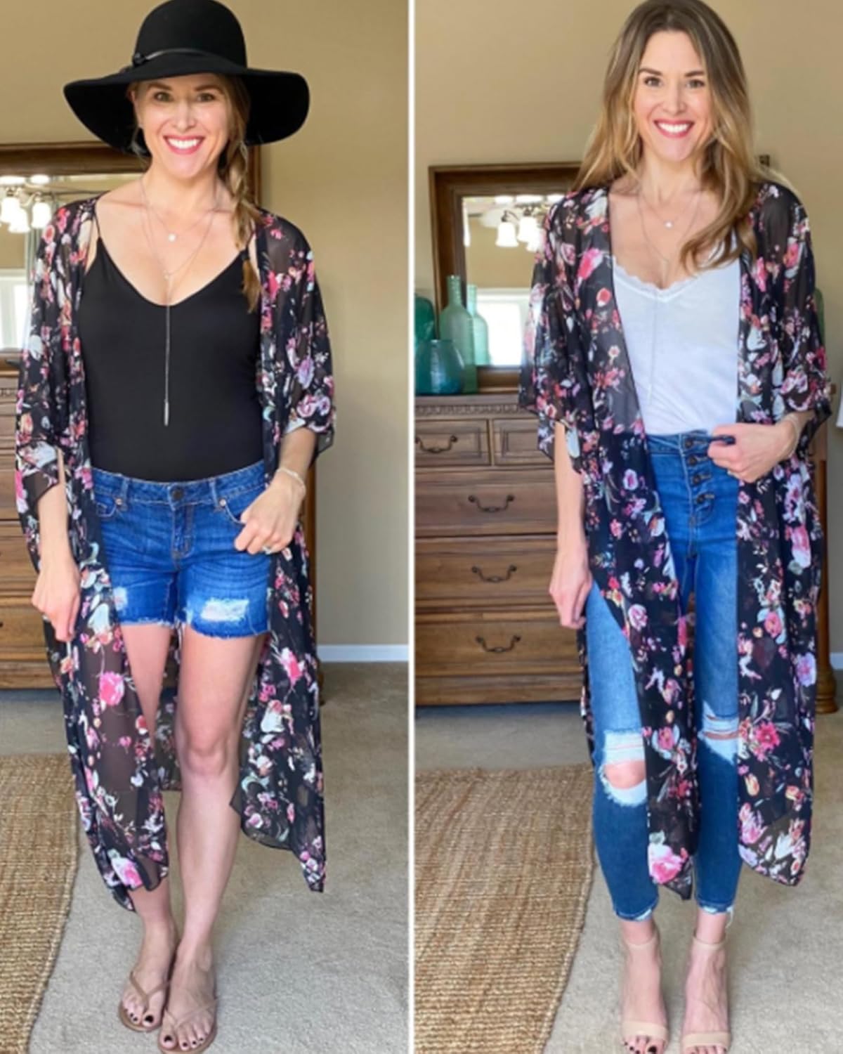 Hibluco Women's Long Floral Kimono Printed Cardigan Sheer Swimsuit Cover Ups - Image 5