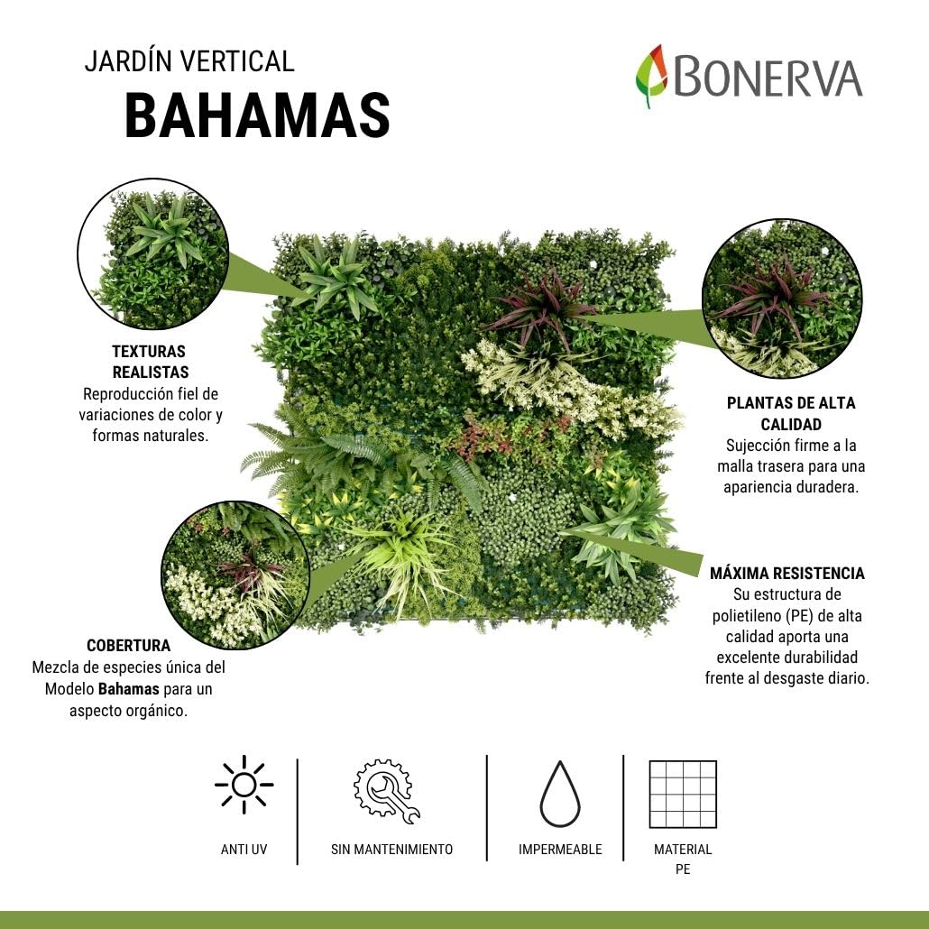 Bonerva Jardín Vertical Artificial Bahamas 3m², Pack 3 Paneles 100x100 cm, Muro Vegetal Verde Decorativo con Protección UV Interior Exterior