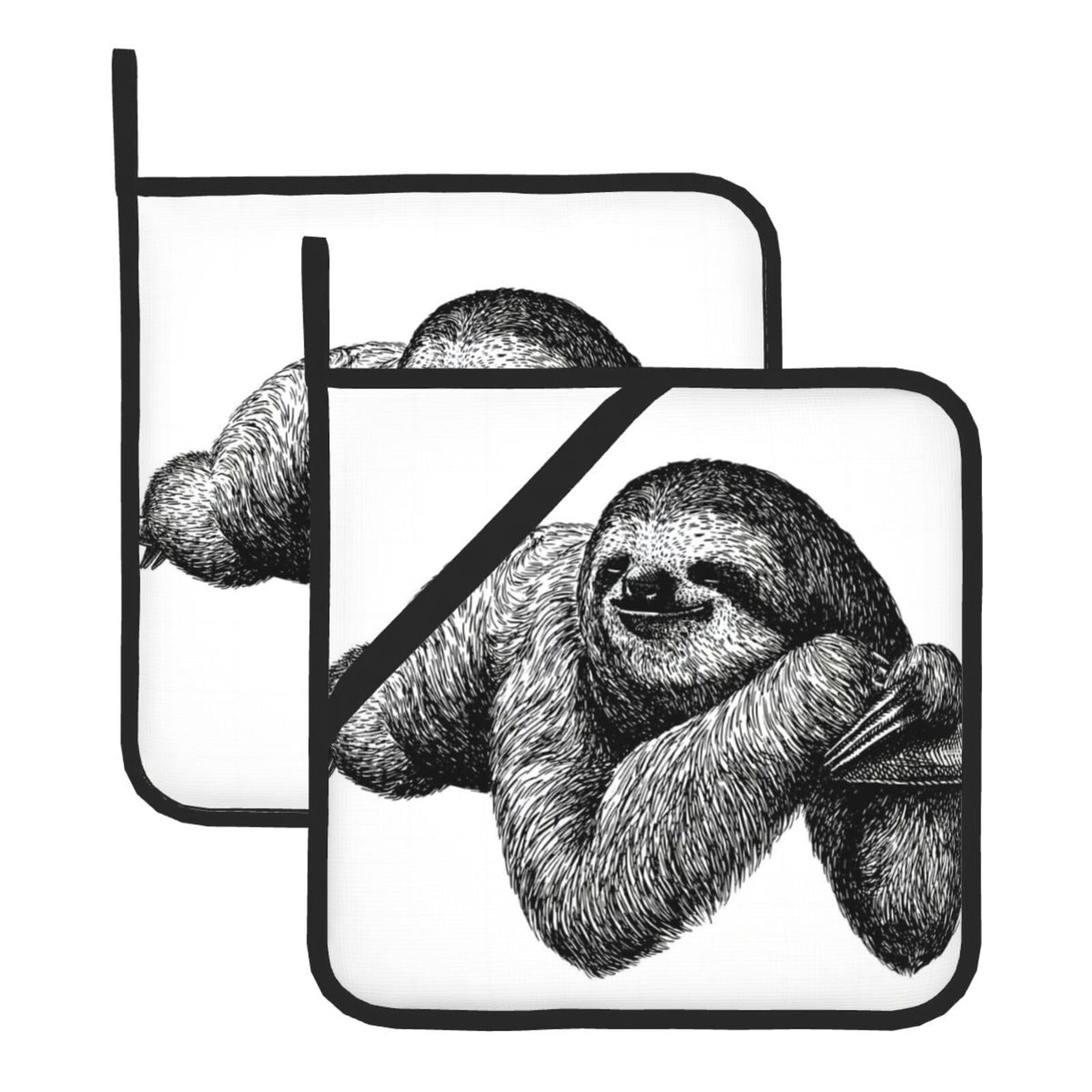 Hjfczh Black Sloth Prints Square Hot Pads Set Of 2 - Waterproof Kitchen Covers For Pots & Pans, Heat Resistant Layers With Hanging Loop - Great For Oven & Bbq