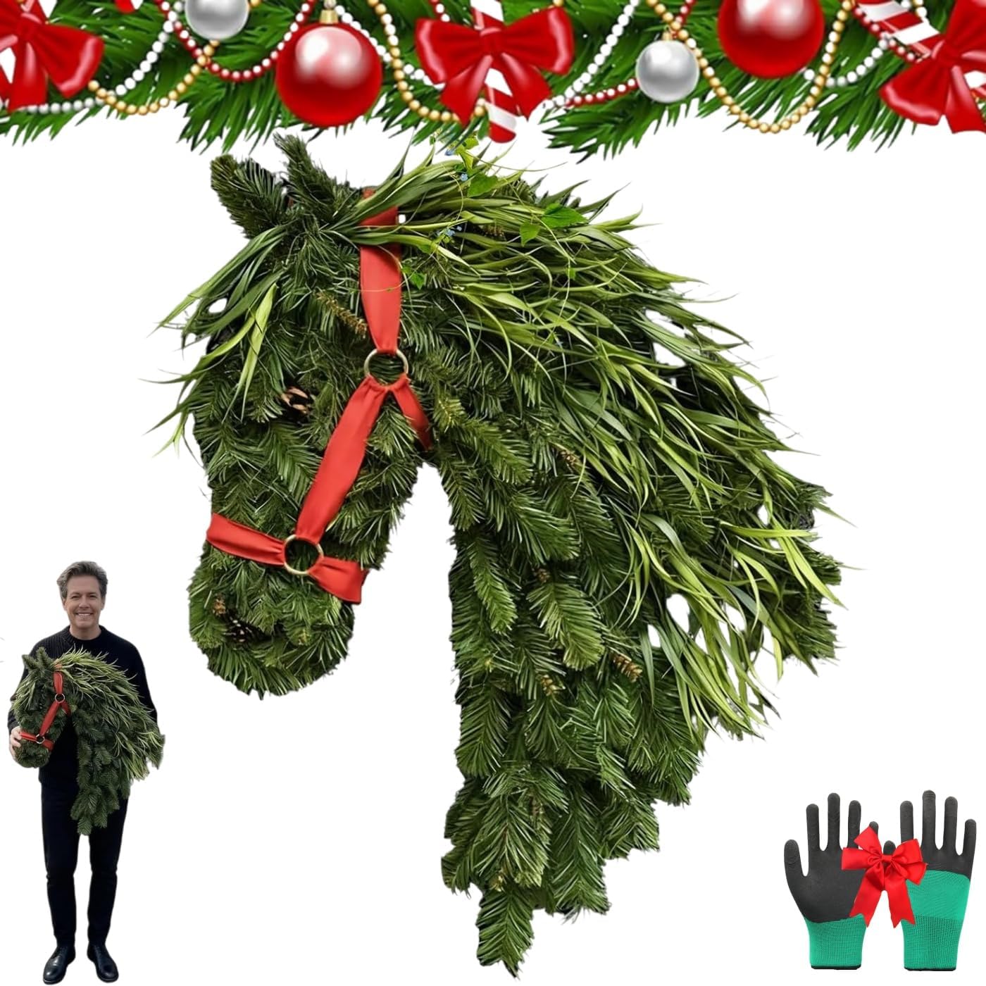 Horse Head Wreath–Rustic Farmhouse Equestrian Front Door Decor, Hand-Woven Horse Shaped Christmas Wreath with Red Bow, Faux Greenery Holiday Wreaths for Barn,Porch,Home Decoration