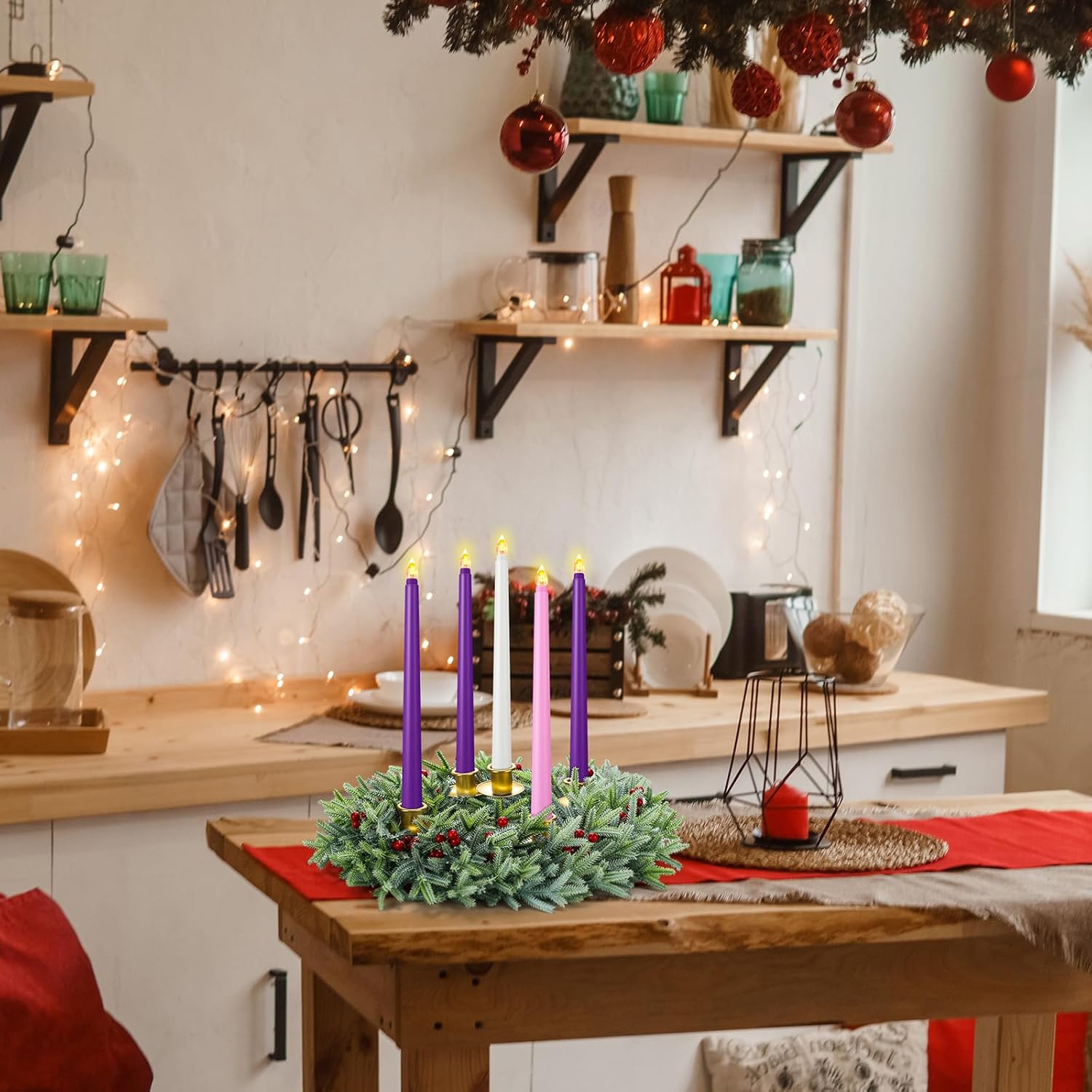 XunYee Advent Candle Holder Wreath Set of 5 with 5 Flameless Candles Christmas Advent Berry Champagne Flower Wreath Rings for Table Centerpiece Fireplace Festival Home Church Decor(Fresh)