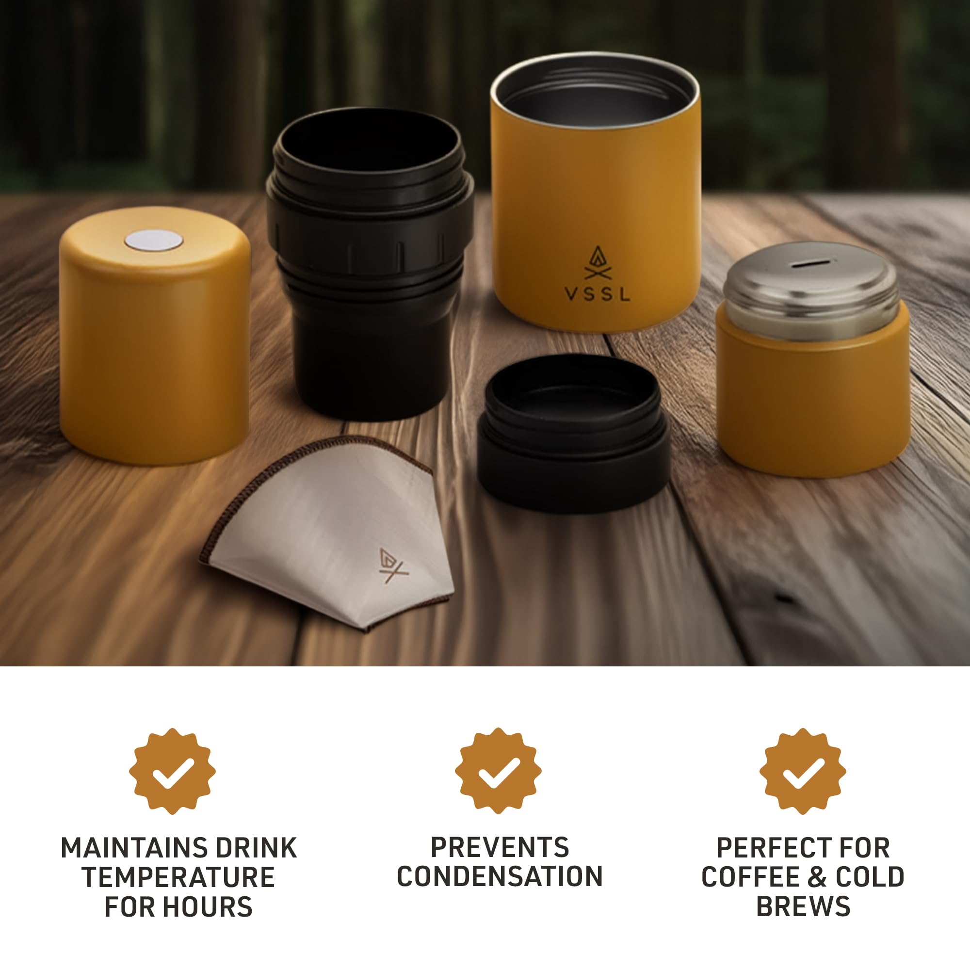 VSSL - Nest Pour Over Kaffee-Set, Kaffeemaschine für Camping, All-in-One Travel Pour Over, transportabler Tropfer, zwei 284 ml Edelstahl-Reisebecher, kompakte Aufbewahrung und Abenteuer bereit, Sahara