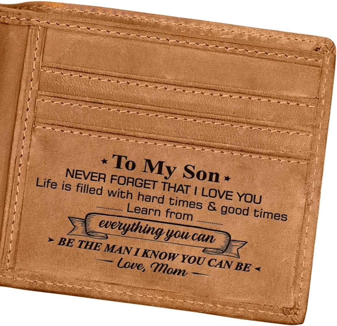 DOPTIKA Engraved Bifold Wallet - Mom To Son - Be The Man I Know You Can Be - My Dear Son Wallet From Mom - Personalized Wallet For Men - Son Wallet From Mom Stuff For Teenage Son, W04-M001-MomSon,