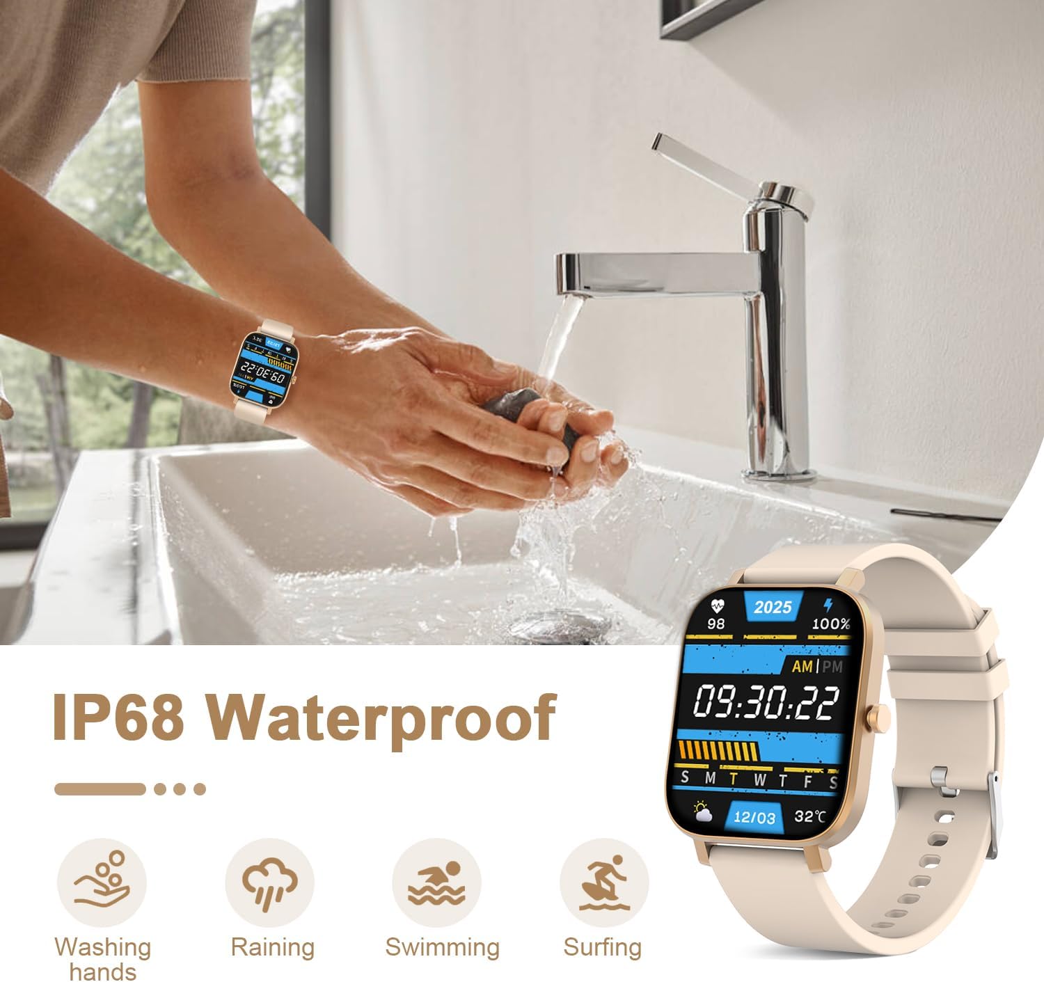 Smart Watch for Men Women Compatible with iPhone Samsung Android Phone 1.69 inch Full Touch Screen IP68 Waterproof Bluetooh Fitness Tracker Heart Rate/Sleep Monitor (Gold) - Image 8