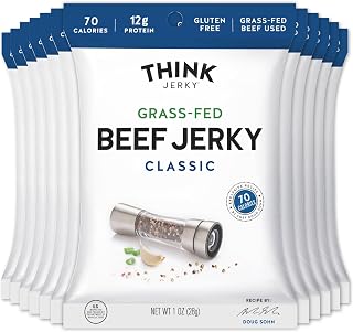 Think Jerky Classic Grass-Fed Beef Jerky - High Protein, Gluten-Free, No Antibiotics/Nitrates, Low Calorie Fat Chef-Crafted 12x1oz Bags