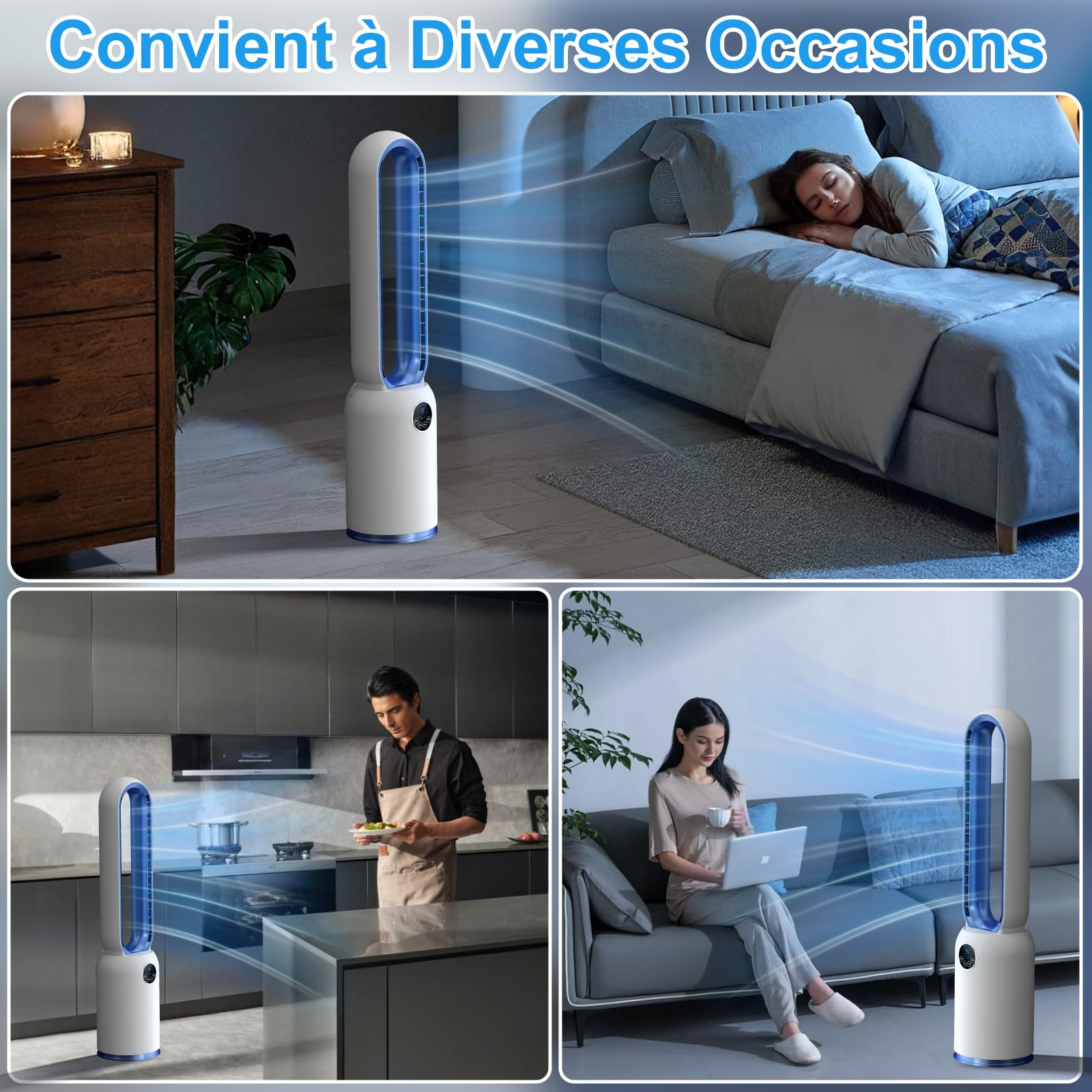 Ventilateur Colonne Silencieux, 90° Oscillation&24 Vitesses pour Ventilateur Sans Pale, Ventilateur Tour avec 12H Minuteries, Ventilateur Sans Lame avec Télécommande et Ecran Tactile (Bleu)