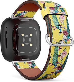 CJBROES Replacement Leather Watch Band, Compatible with Fitbit Versa 3 and Fitbit Sense of Wristband Bracelet Accessory - Watercolor-Peacock-Sitting-on