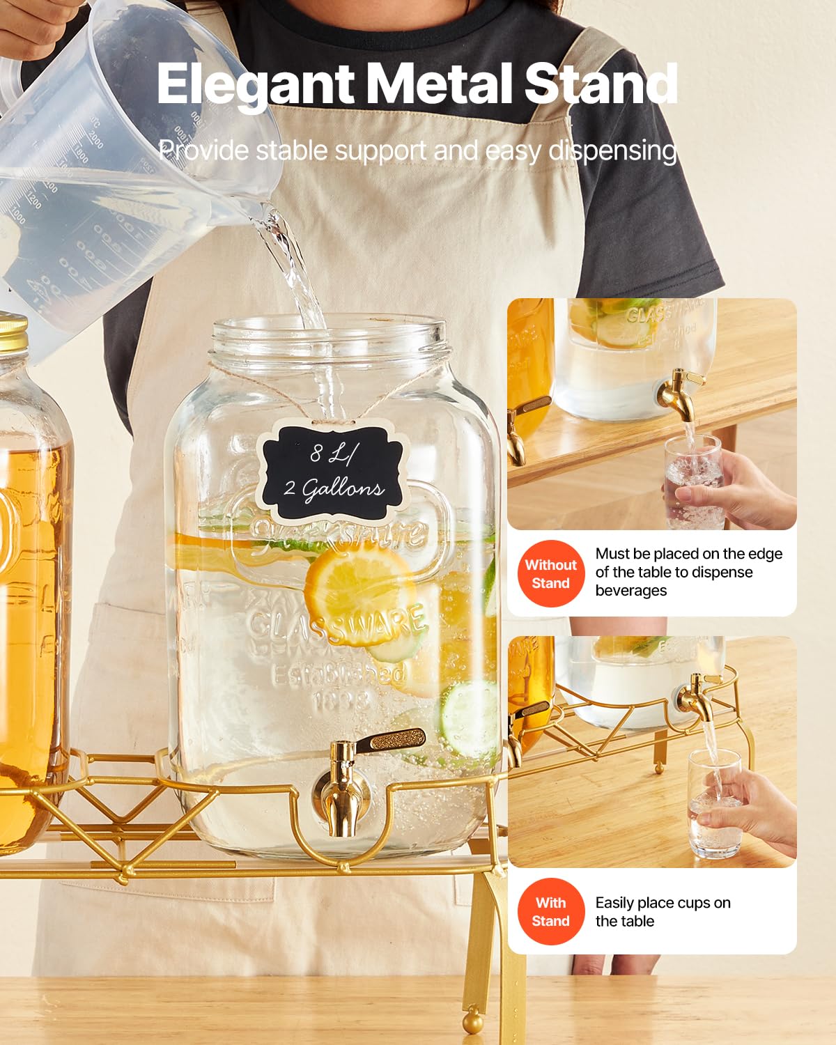VEVOR Distributore di Bevande, 2 Pezzi da 8 L, Contenitore di Succhi in Vetro con Supporto in Metallo, Rubinetto in Acciaio Inox, Infusore, Distributore di Tè Freddo, Limonata, per Feste