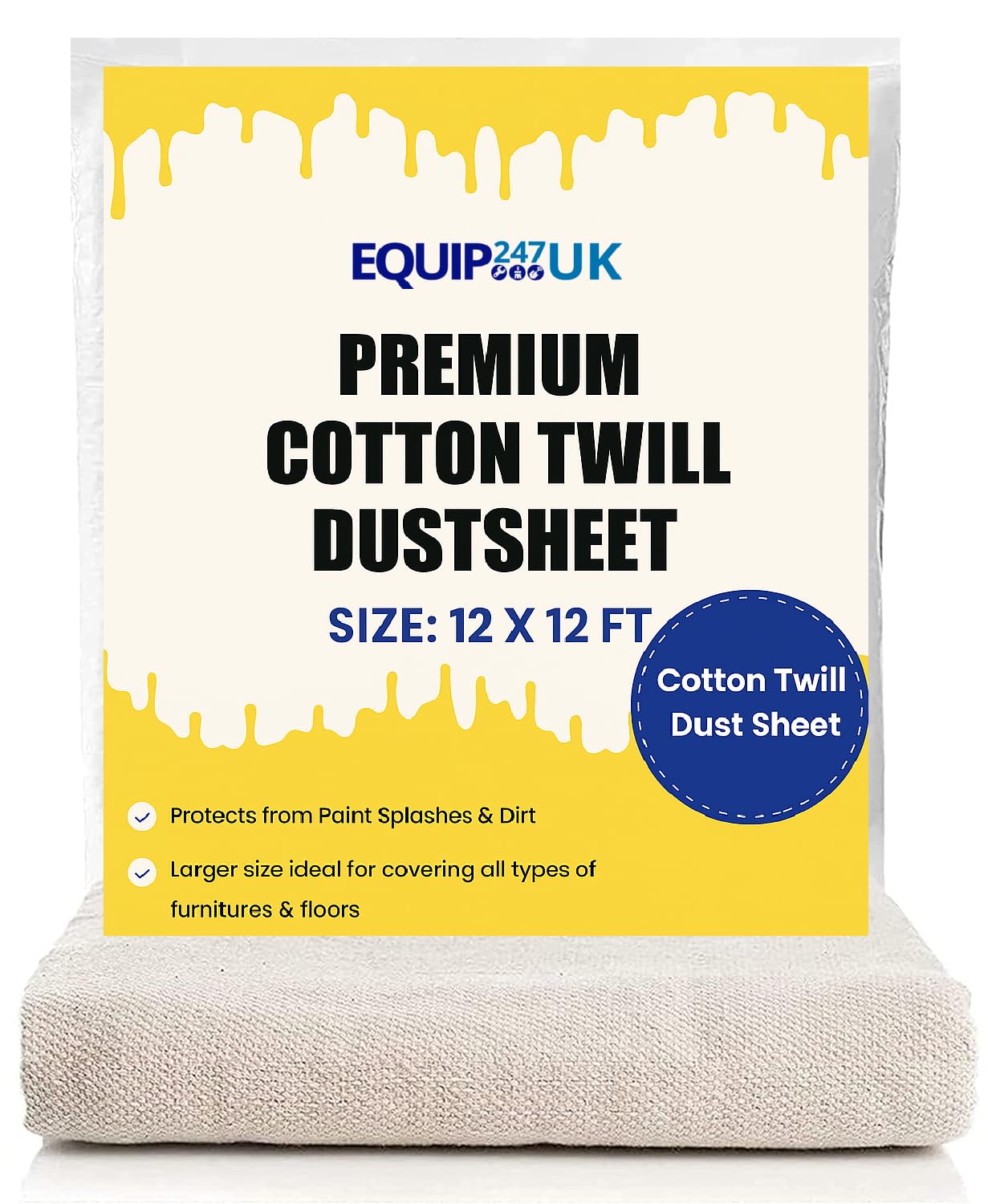 Equip247uk Cream Cotton Dust Sheets For Painting & Decorating | Paint Sheets | Drop Cloth | Painting & Paint Cover Sheets | Dust Sheets For Furniture | Washable And Reusable | (Cotton, 12Ft X 12Ft - 3.5M X 3.5M)