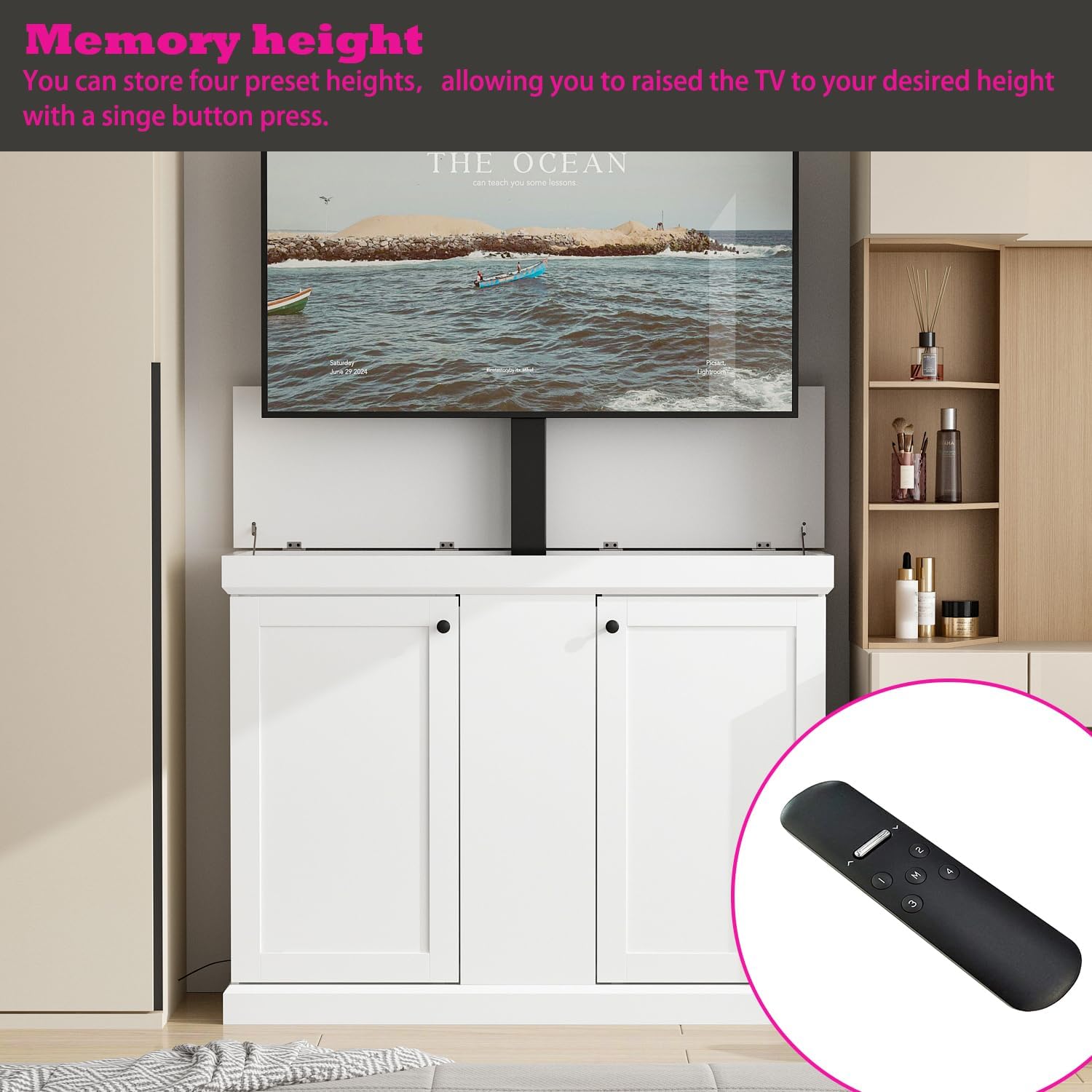 Tall White Motorized TV Lift Cabinets for Living Room, Modern Hidden 50 inch TV Lift Stand Cabinet, Large Entertainment Mdeia Center with Storage and Height Adjustable Wall Mount for Bedroom