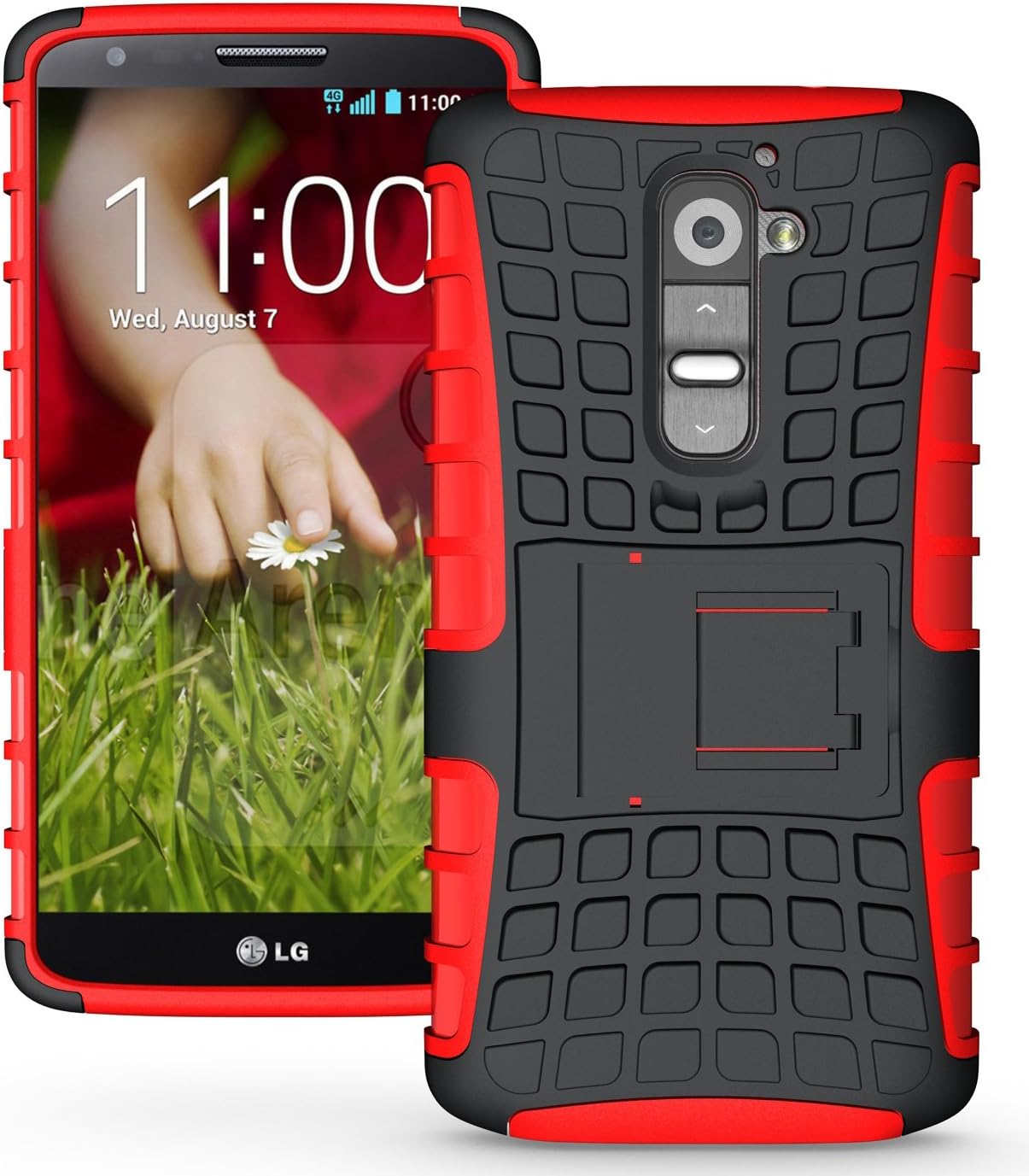 JKase Diablo Series Tough Rugged Dual Layer Protection Case Cover with Build in Stand Compatible for LG G2 (AT&T/Sprint/T-Mobile Only. NOT Compatible for Verizon Version) (Red)