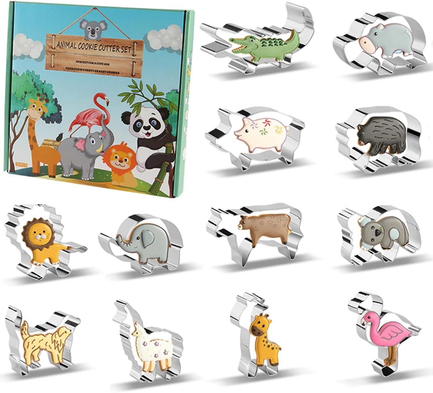 Animal Cookie Cutters Set of 12 with Gift Box, Stainless Steel Cookie Food Cutters Molds for DIY, Kitchen, Baking, Kids Zoo Theme Birthday Party Supplies Favors