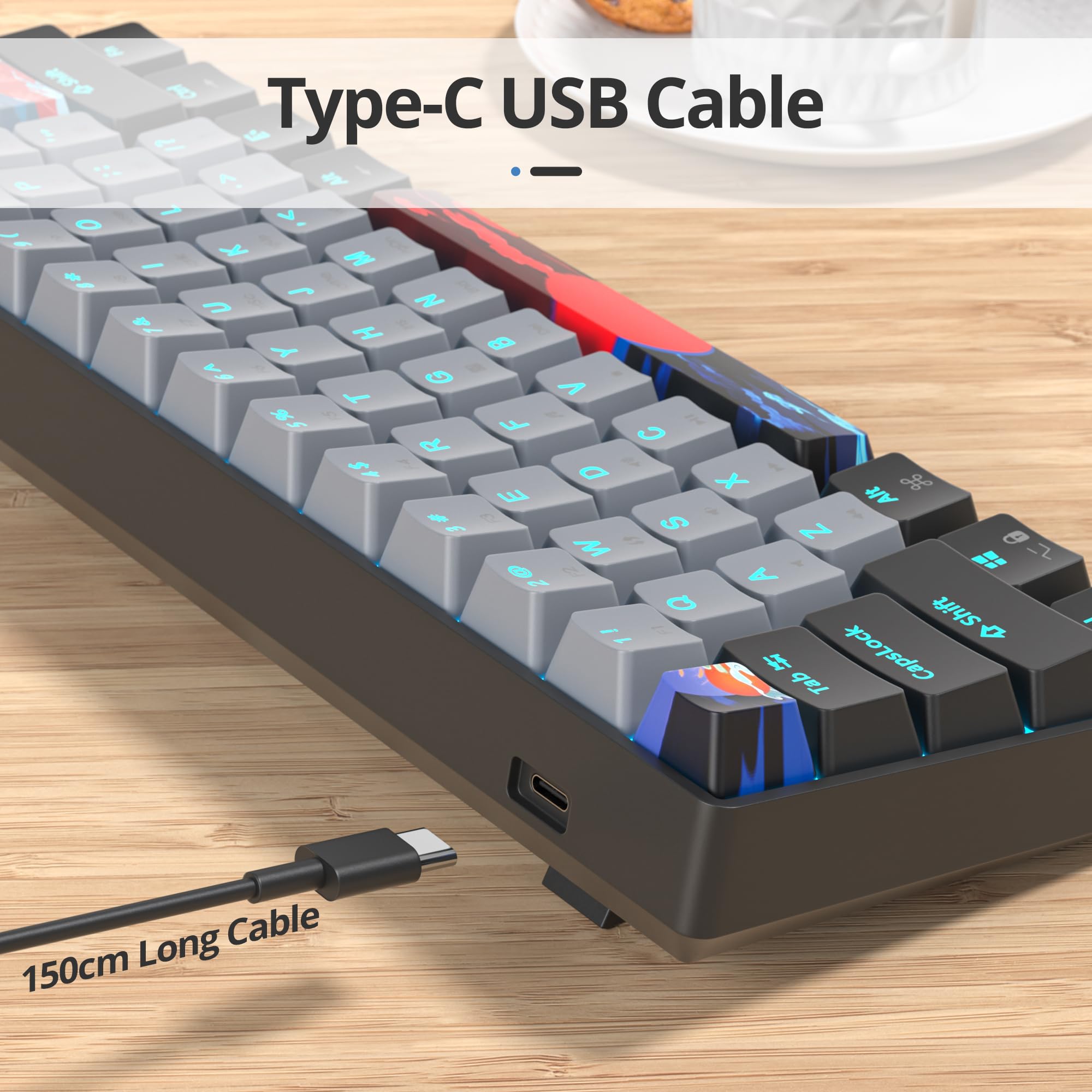 SOLIDEE clavier mécanique de jeu 60%,61 touches avec commutateur rouges linéaires,Lumière bleu glacier,clavier mécanique filaire avec rétroéclairage LED,clavier compact pour PS5/PS4(61 Black Grey)