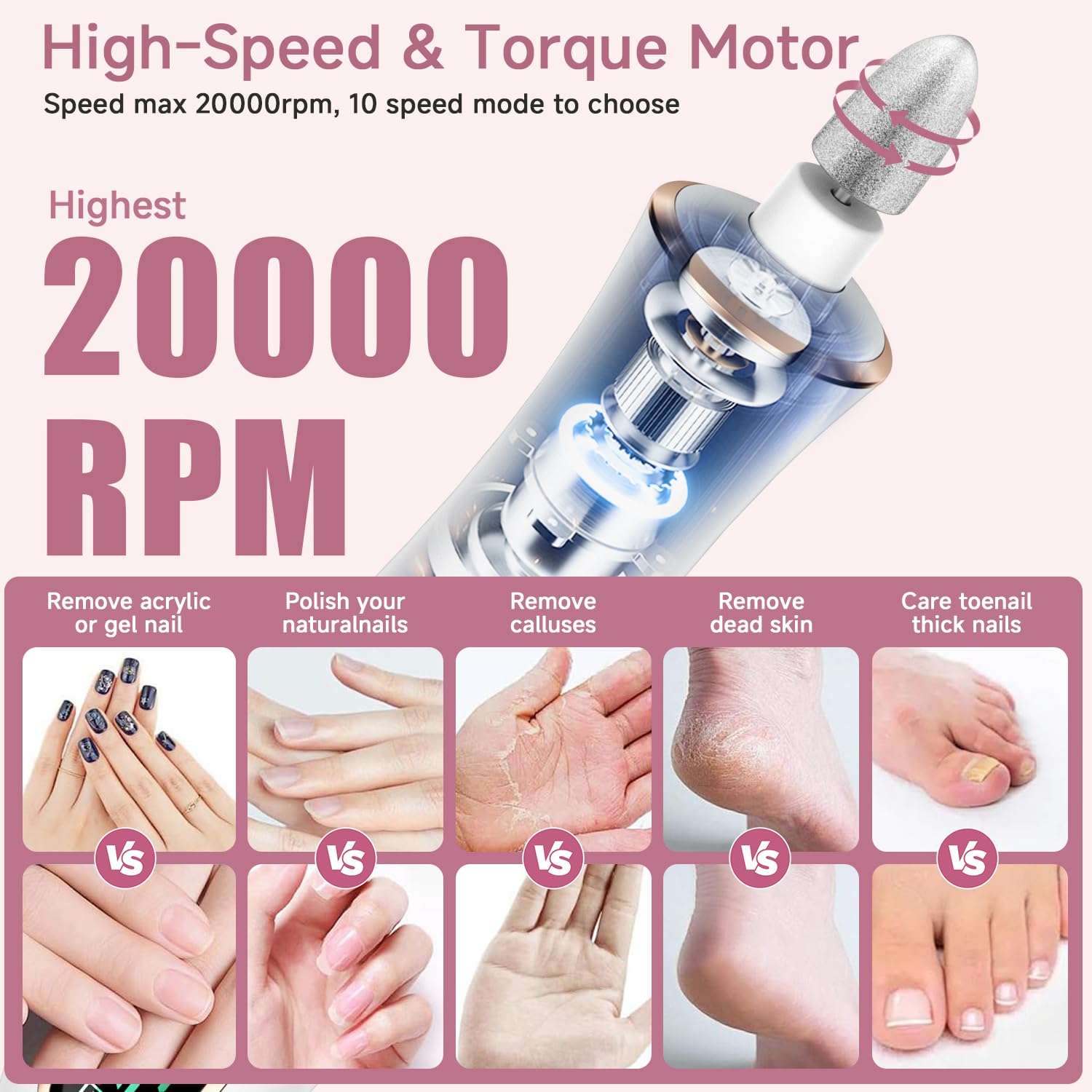 Karrong Fresa per Unghie senza fili, 10 in 1 Fresa per Unghie Professionale, Manicure Elettrico e Pedicure, lima elettrica per unghie portatile, 10 velocità, luce a led (Bianco)
