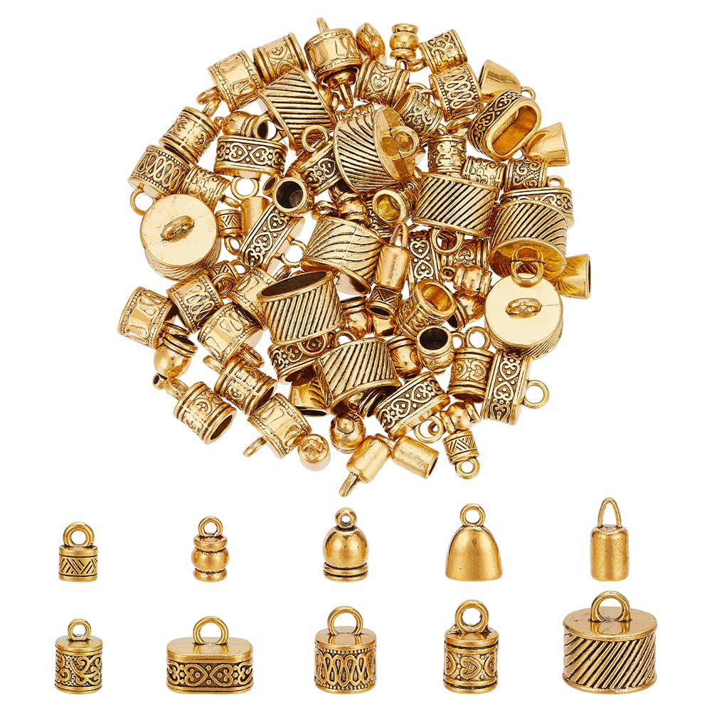 PH PandaHall 100Pcs 10 Styles Cord End Cap Alloy Leather Cord End Tibetan Style Cap Metal Bead Tube Barrel Loop Clasp for Earring Bracelet Jewelry DIY Craft Making Antique Golden