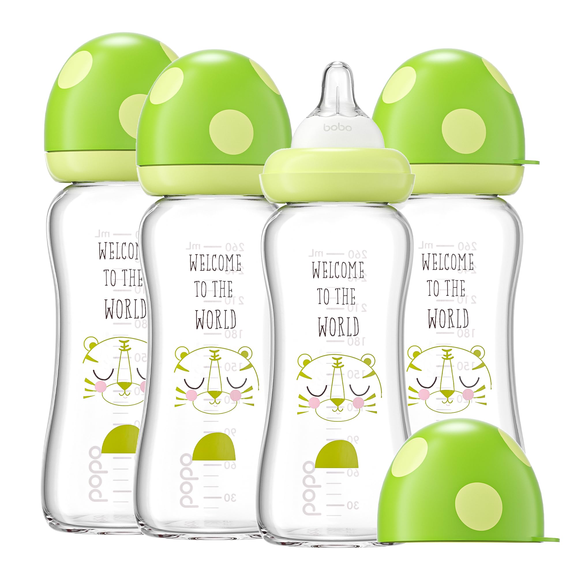 YOHKOH Natural Glass Baby Bottle with Level 2 Medium Flow Nipple, Newborn Anti-Colic Baby Bottles, Wide Neck Mushroom Baby Glass Bottle (8.8ounce (