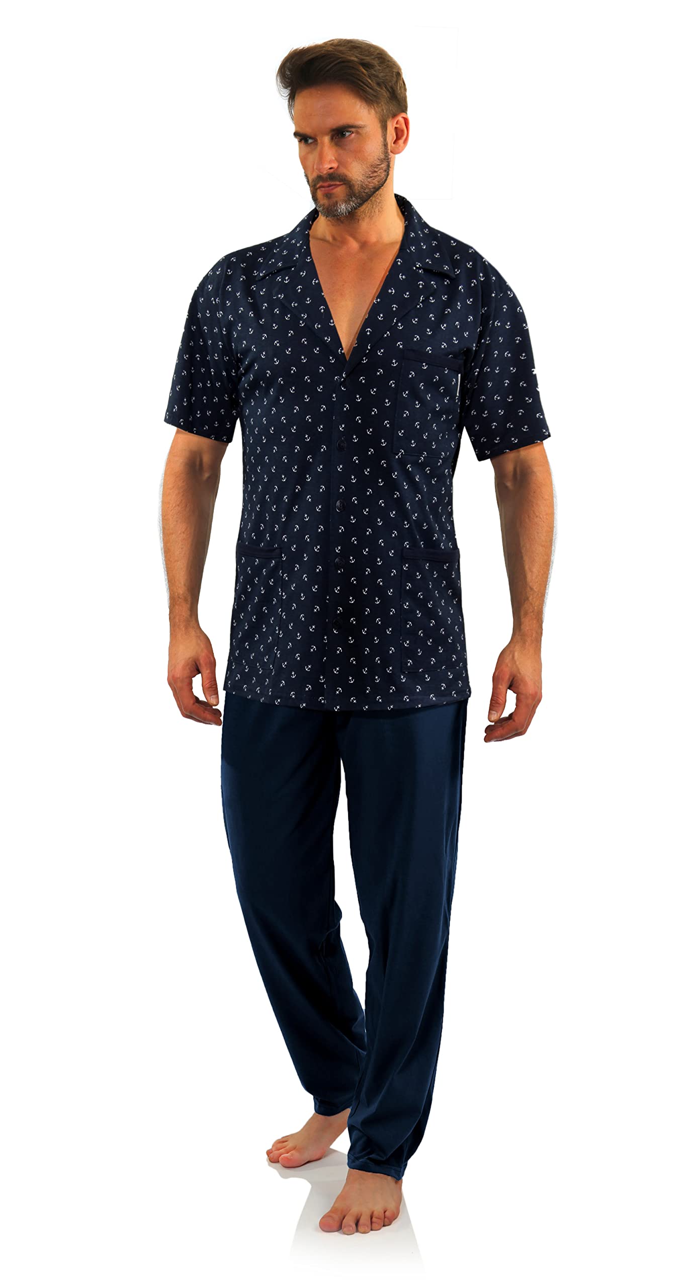 Sesto Senso Pijama Hombre Elegante con Botones Conjunto de Algodón con Manga Corta Pantalón Largo