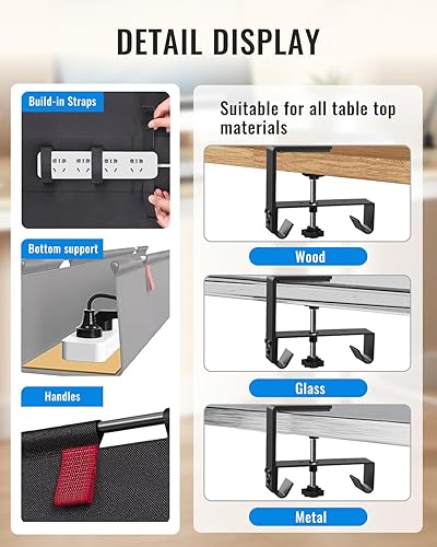 Miniatura 7 de Bandeja de organización de cables de 28 pulgadas sin taladrar debajo del escritorio, tela Oxford mejorada con bucle para cables, no daña la mesa
