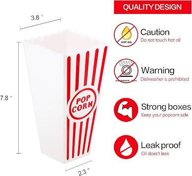 NOVELTY PLACE Plastic Red & White Striped Classic Popcorn Containers for Movie Night - 7.8 Tall x 3.8 Square (4 Pack)