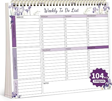 104 Pgs Weekly To Do List Notepad 52 Duplex-Printed Undated Sheets 100 GSM