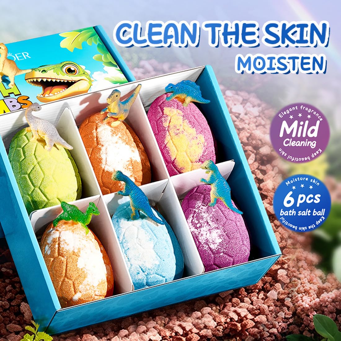 Set 6 Bath Bomb a Forma di Uovo di Dinosauro, Bombe da Bagno con Giocattoli a Sorpresa, Profumi Vari per Bagno e Pulizia