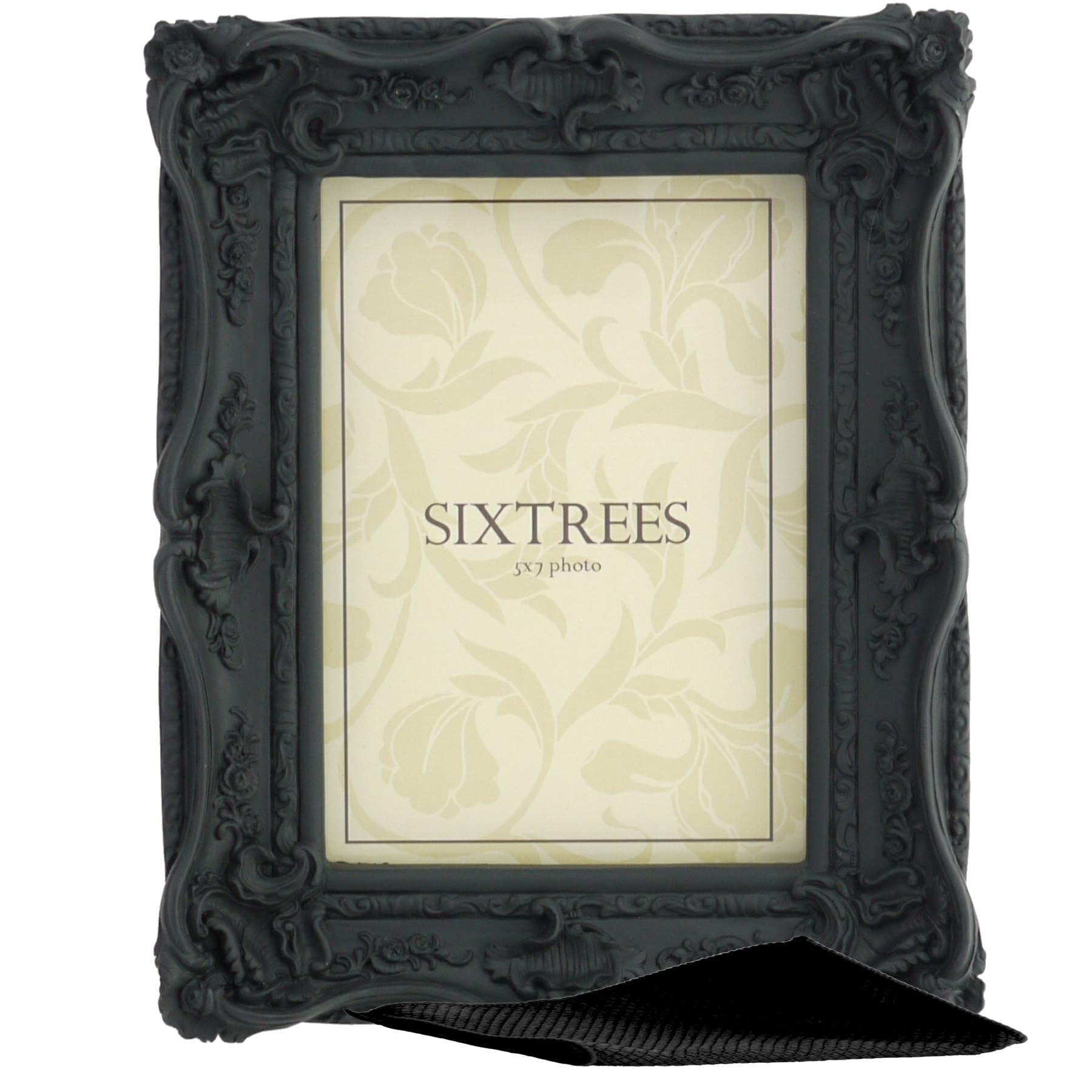 Sixtrees Chelsea 5-253-57 Ornate Vintage Swept Shabby Chic Black 7x5 inch Photo frame - with Microfibre glass cleaning cloth.