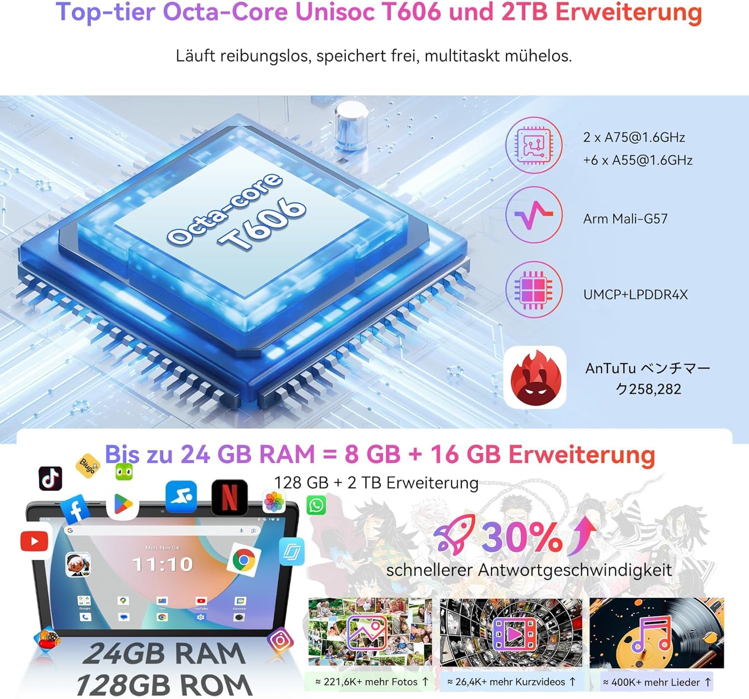 Blackview Tab60 Pro Android 15 Tablet 10 Zoll, 24GB(8GB+16GB Erweiterung) RAM+128GB ROM(2TB TF), Dual 4G LTE SIM,Octa Core PC Tablets… – Ansicht 4