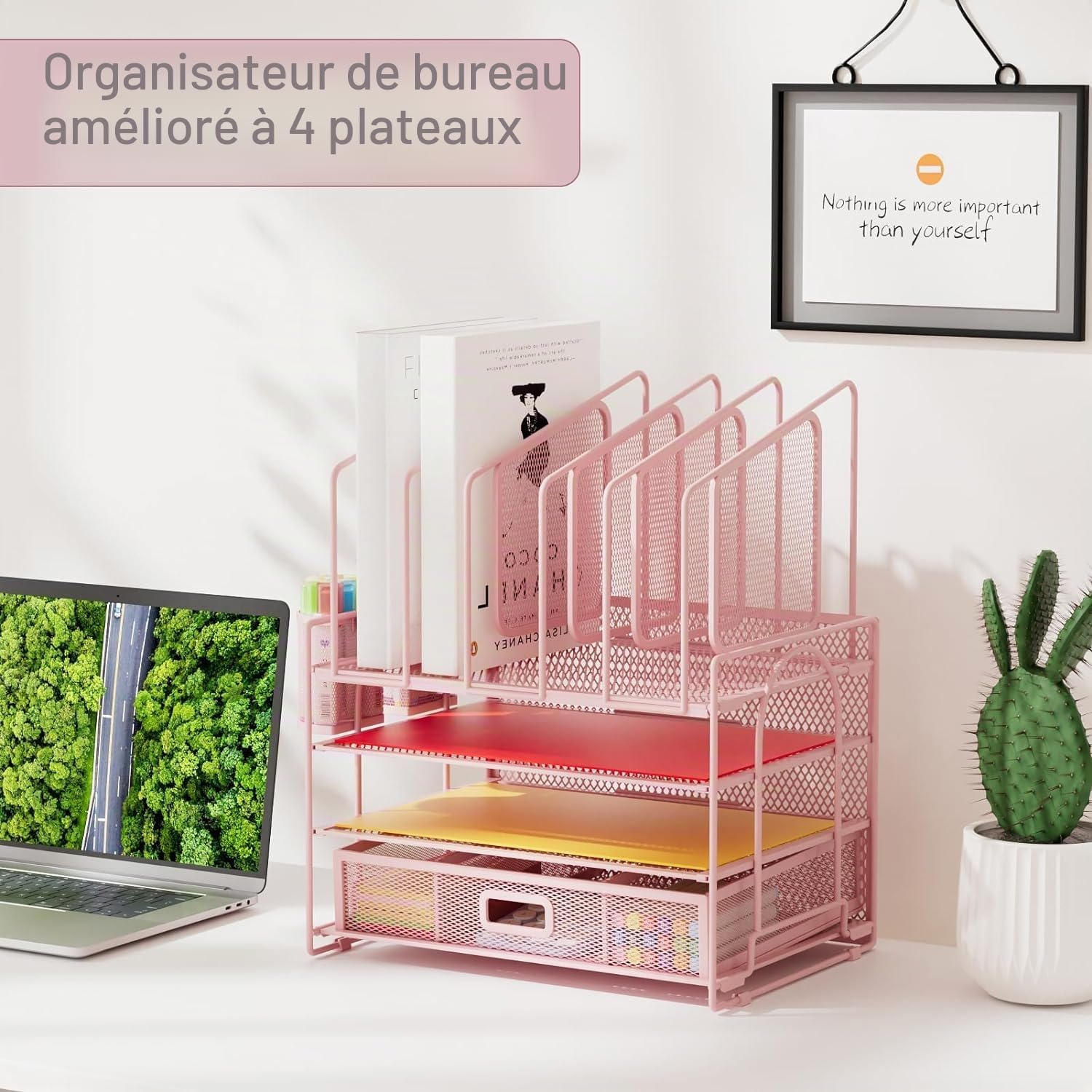 Marbrasse Organisateur de Bureau Tiroir,4 Niveaux,5 Porte Documents Verticaux,2 Porte Stylos,Organisateur Rangement Bureau Maille pour Fournitures à Dom (Rose Vertical)