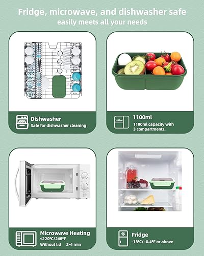 Miniatura 3 de Lonchera Bento, caja Bento de 3 departamentos de 37.2 fl oz, lonchera para adultosadolescentesniñosregreso a la escuela, contenedor de almuerzo con