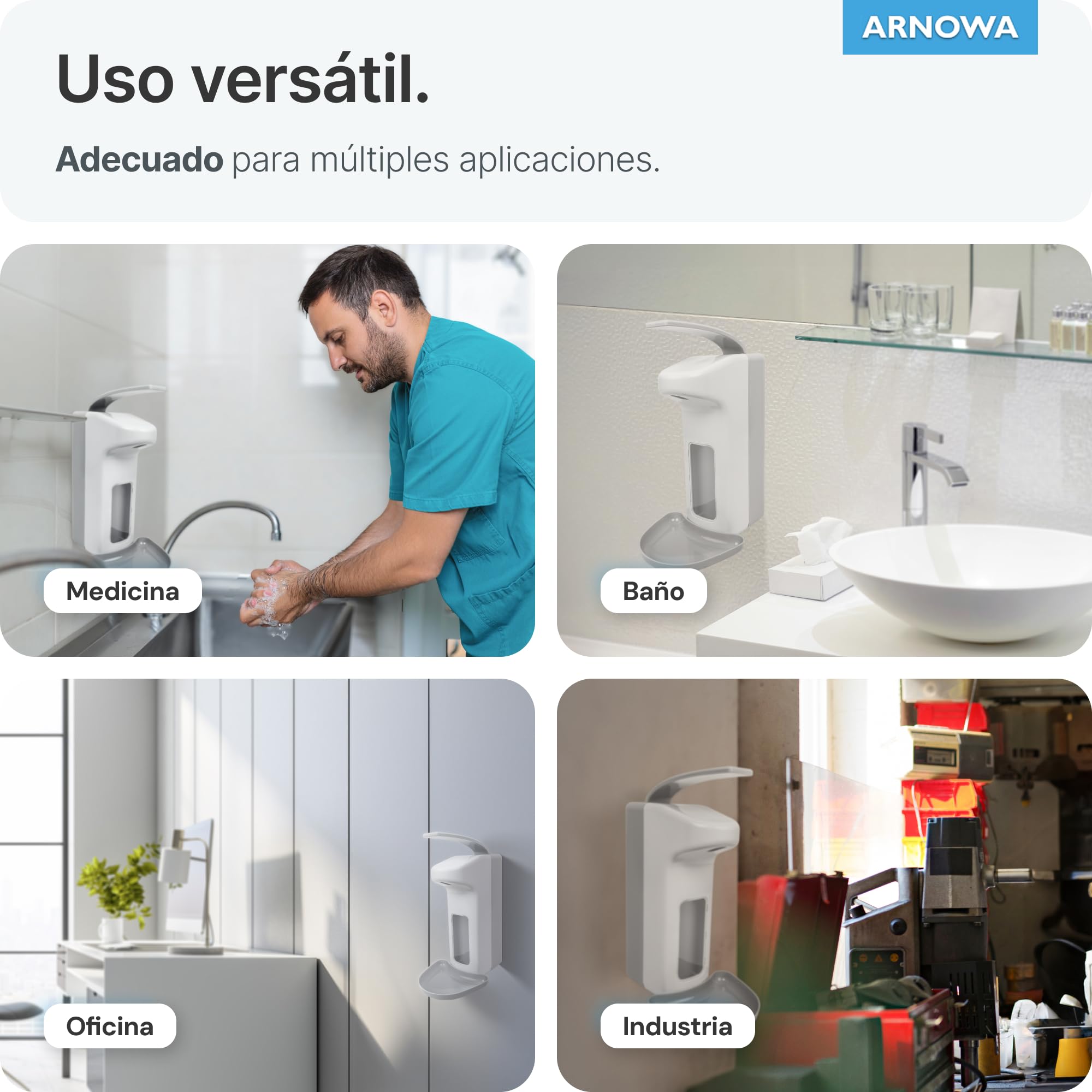 ARNOMED 4 dispensador jabon baño Pared de plástico para 1000ml, dispensador jabon Pared de Palanca, dispensador de jabon Pared Blanco, dispensador Vertical de jabón sin taladrar