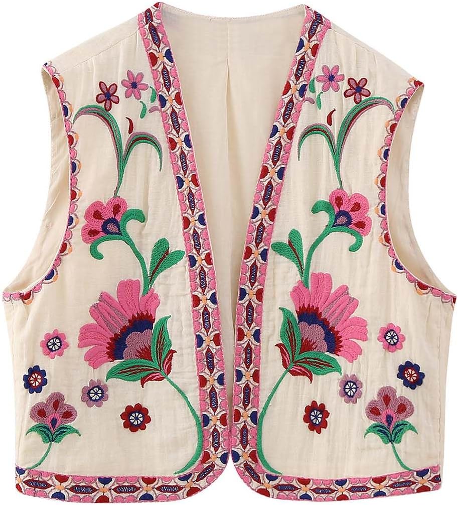 Yimoon Women's Vintage Floral Embroidery Vest Casual Open Front Sleeveless Cardigan Waistcoat