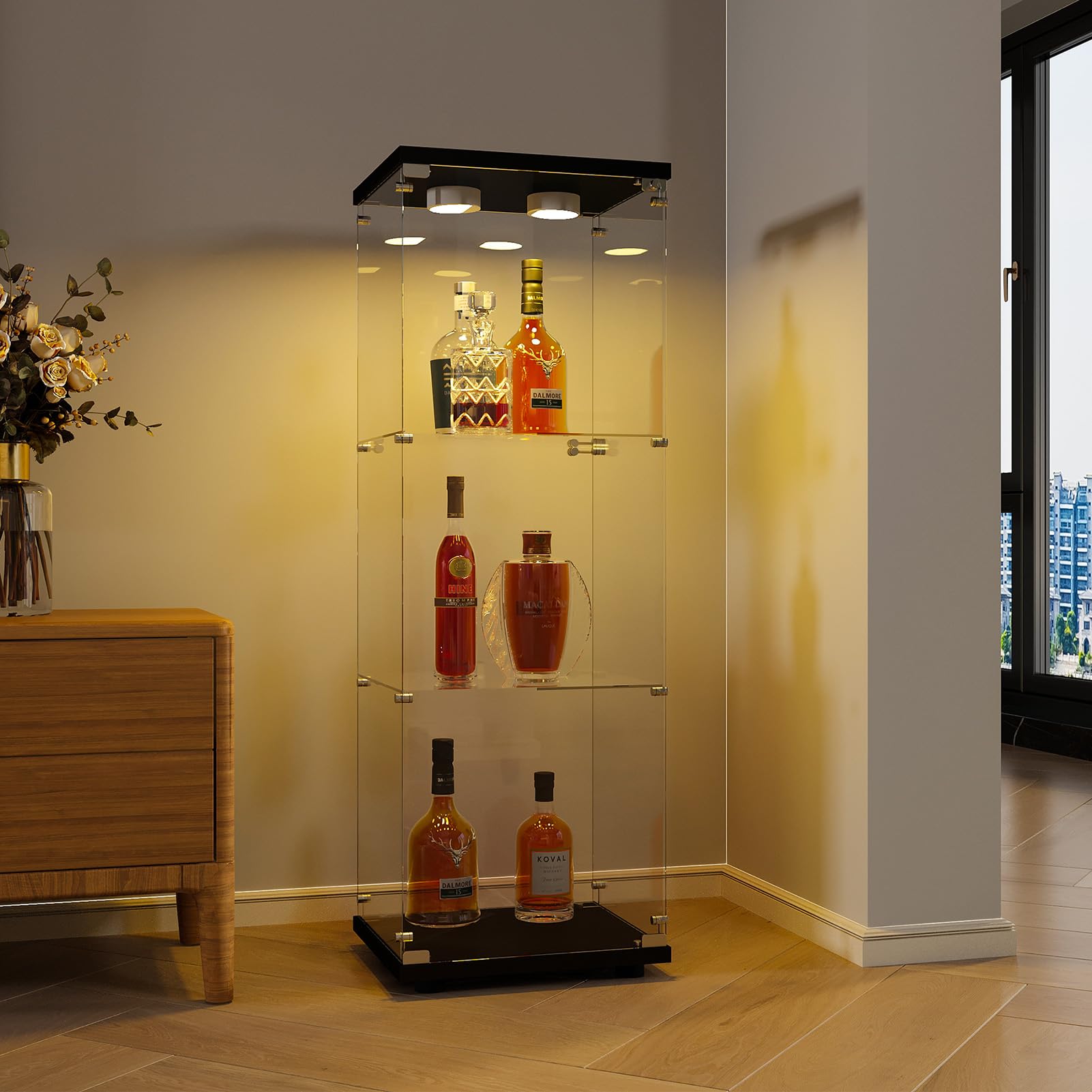 Vitrina con luz LED, 1 puerta, 3 estantes, para coleccionables y recuerdos, perfecto para decoración de sala de estar y oficina, elegante armario de cristal para mostrar tesoros