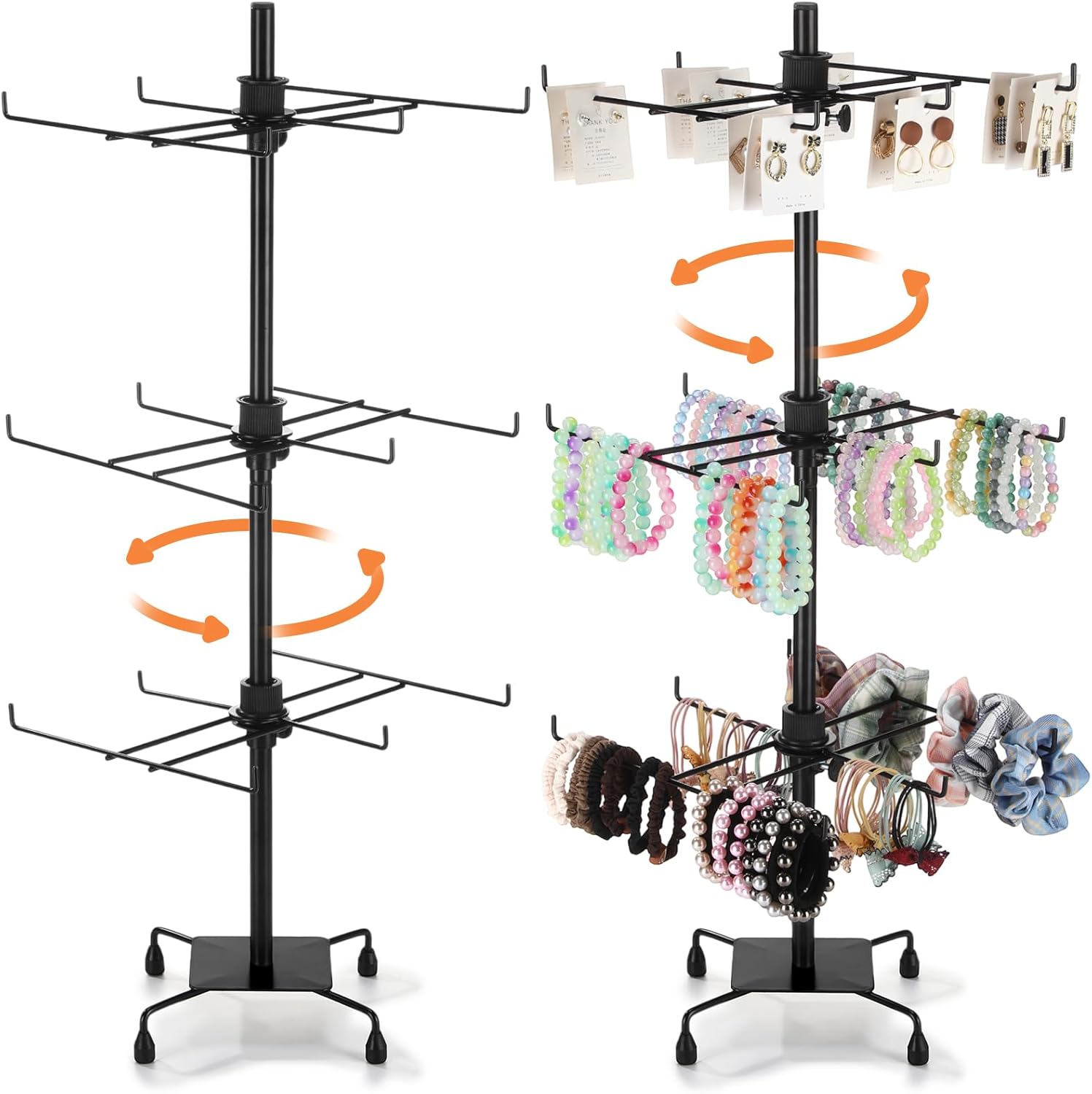 RattanView 2 Pcs Jewelry Rotating Display Stand Adjustable Metal Earrings Bracelet Display Rack Hanging Jewelry Spinning Organizer Tree with Hooks for Vendor Events Selling(3 Tier,Black)