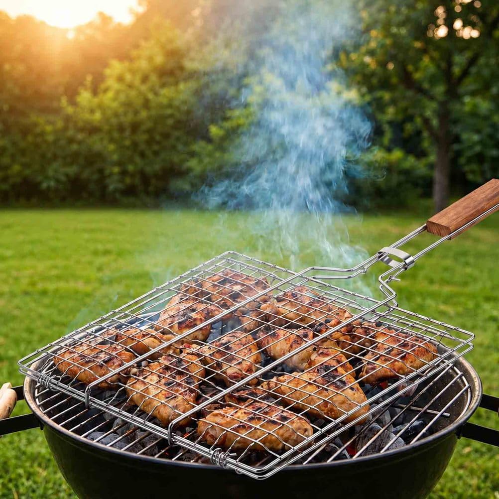 Cestello BBQ con Blocco Sicuro, Cestello Grill Pieghevole in Acciaio Inox con Manico in Legno Resistente al Calore, Grande Grill Basket per Pollo, Pesce, Bistecca, Verdure e BBQ Esterno | 1