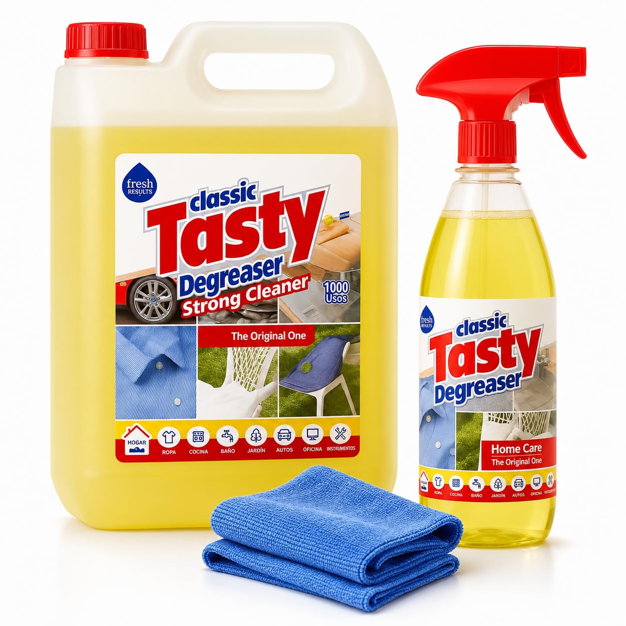 Quita Grasas Extra Fuerte 5L + Pistola 1000ml con Trapo microfibra - Quitagrasas Concentrado - Desengrasante Profesional - Desengrasante Potente para todas las Superficies - Elimina todo