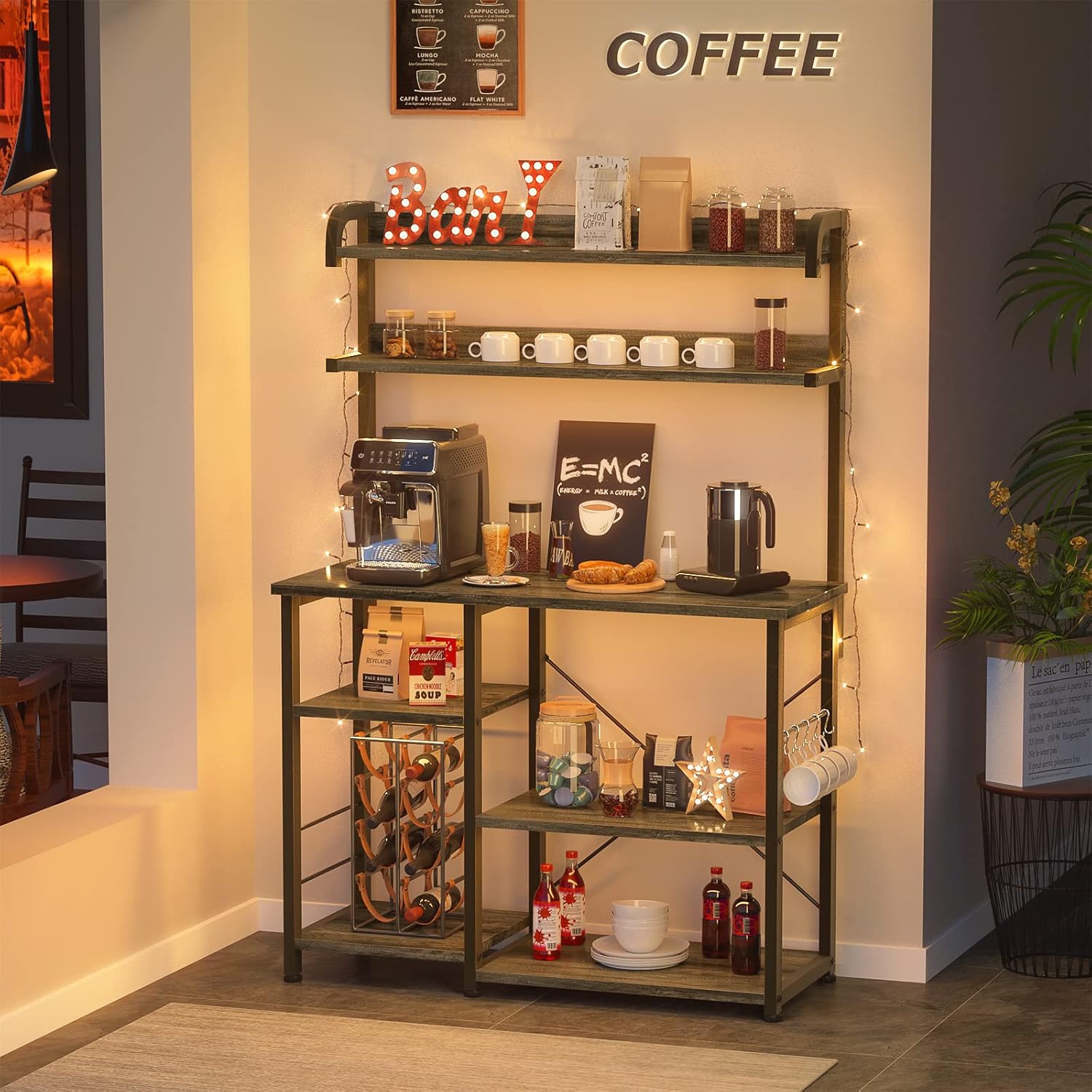 Topfurny Baker’s Rack Kitchen Storage Shelf, 4-Tier+3-Tier Microwave Stand or Coffee Bar Table for Spice, Pots and Pans Organizer, Black Oak