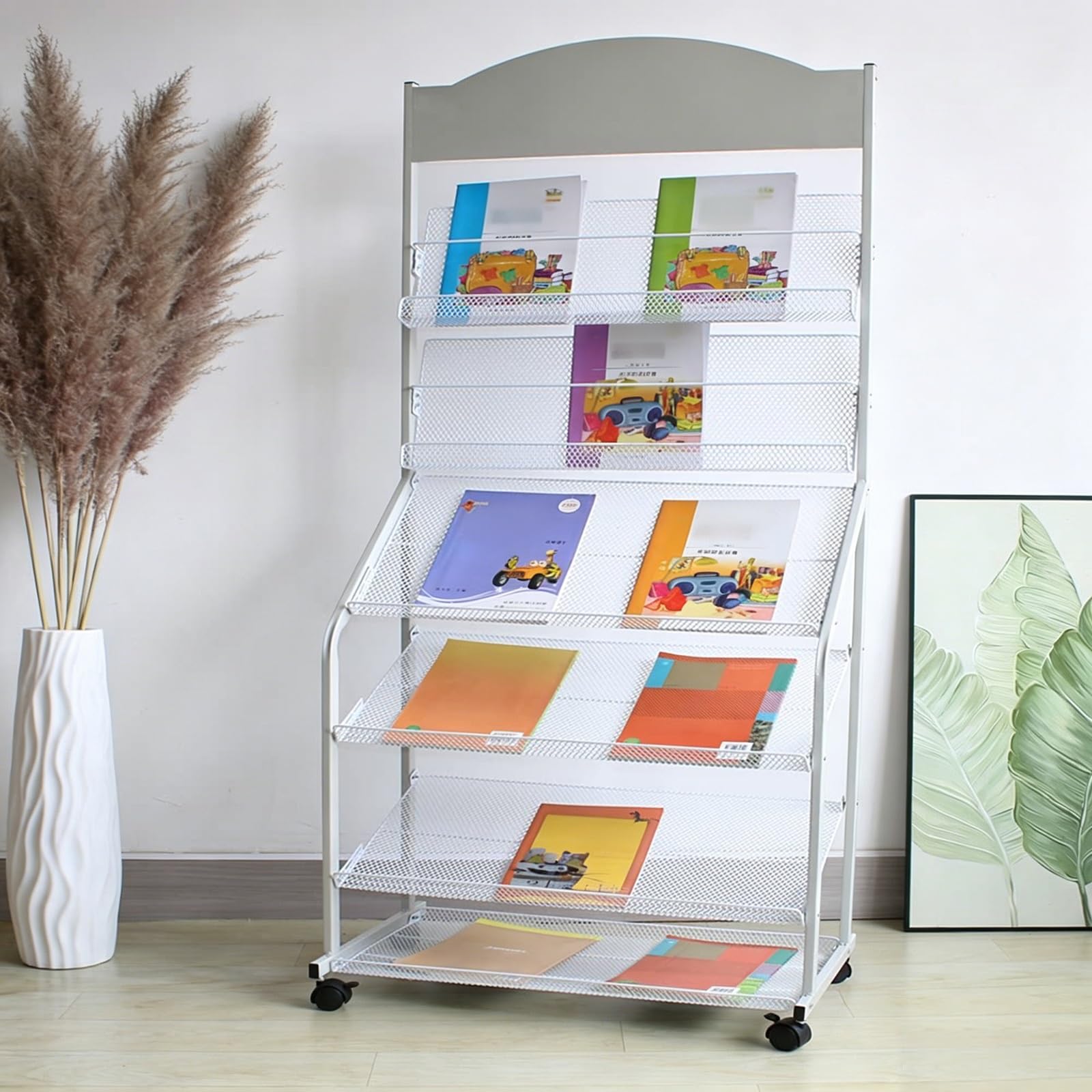 Cjwkxqol White Floor Standing Metal Mesh Magazine Rack With Wheels,Brochure Display Holder With Top Billboard For Office Hospital Mall Exhibition(White)