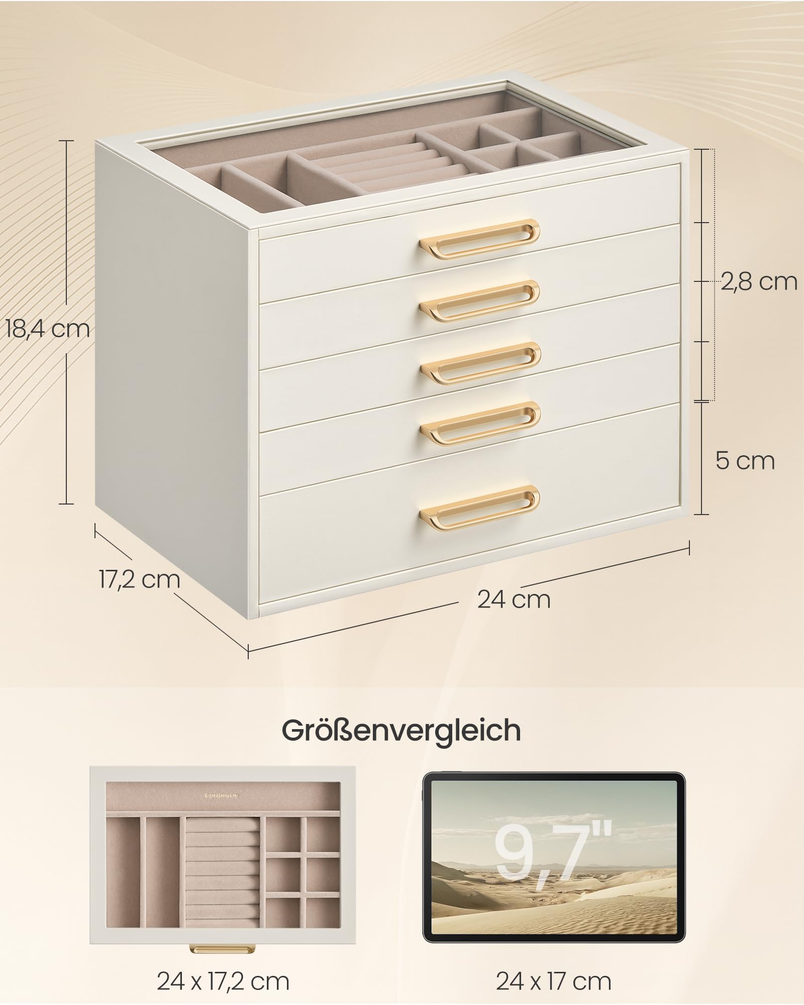 SONGMICS Schmuckkästchen, Schmuckkasten mit 5 Ebenen, Schmuckbox mit Glasdeckel, Schmuckaufbewahrung 5 Schubladen, geräumig, modern, Geschenkidee, 17,2 x 24 x 18,4 cm, cremeweiß JBC205WD01