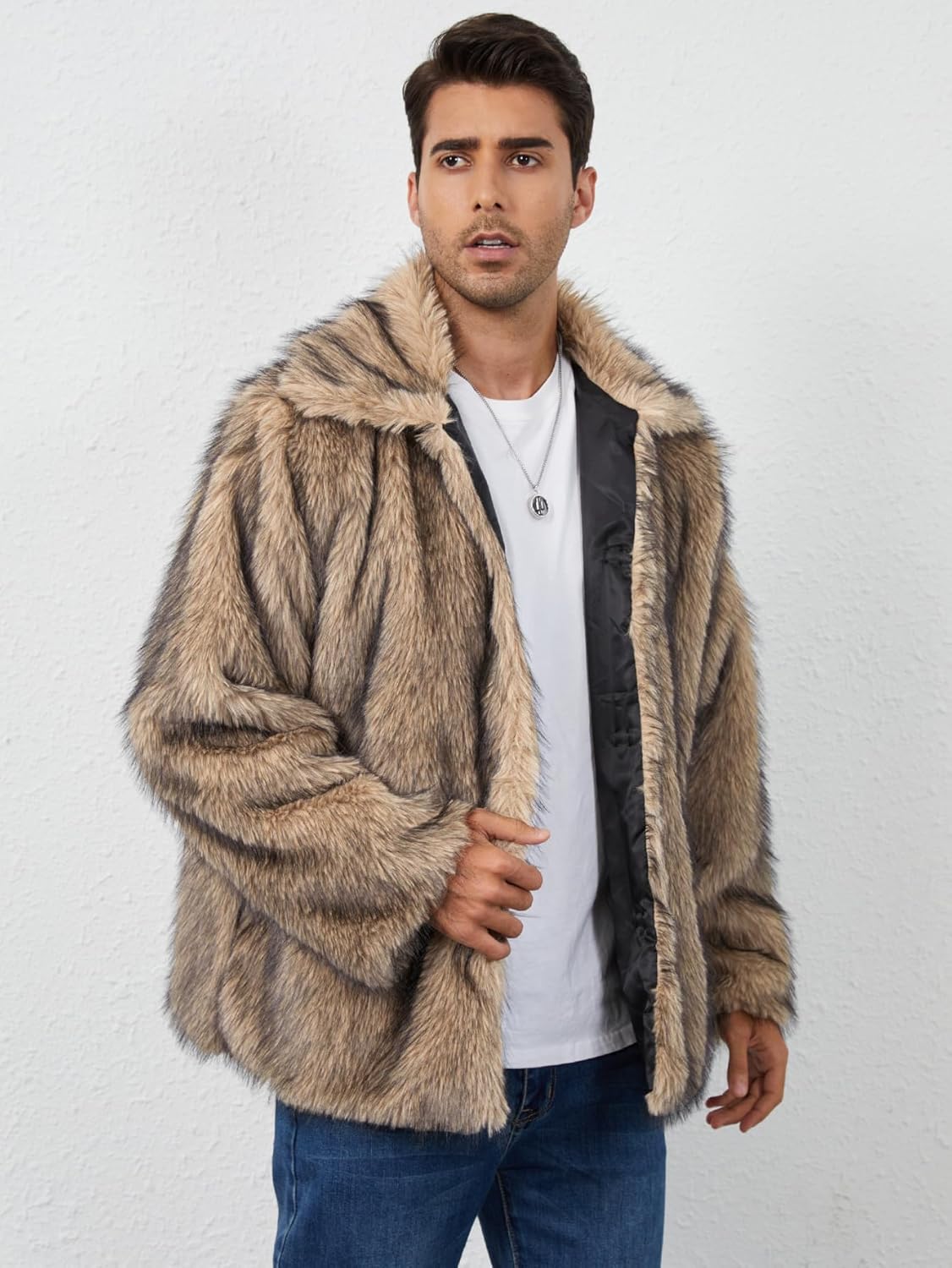 Ogfao Mens Faux Fur Coat Fluffy Furry Jackets Lapel Collar Long Sleeve Warm Winter Jacket - Image 3
