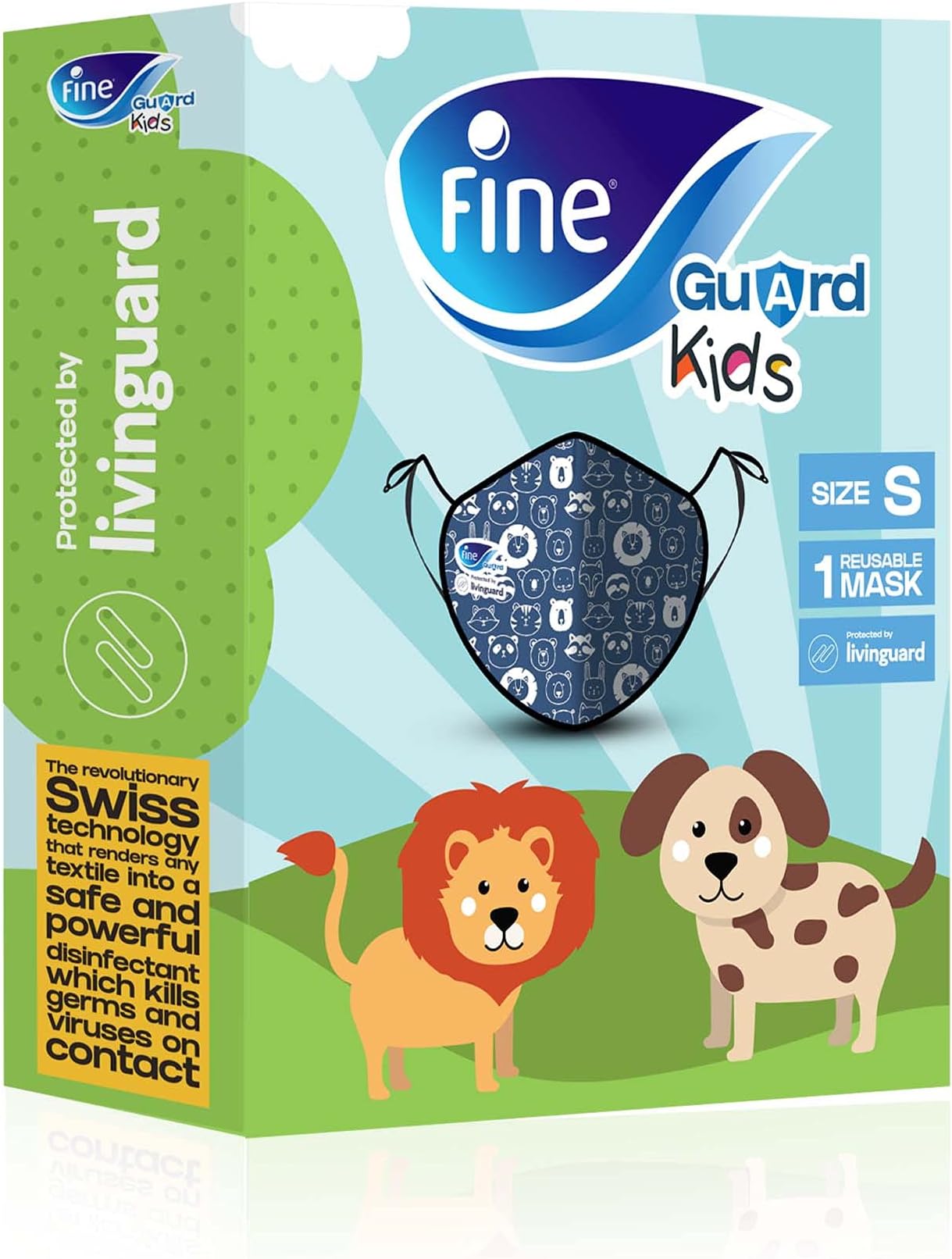 Fine Guard Reusable face mask, size small for kids (blue). comfort with livinguard technology. the comfortable, reusable, washable, virus killing face mask.