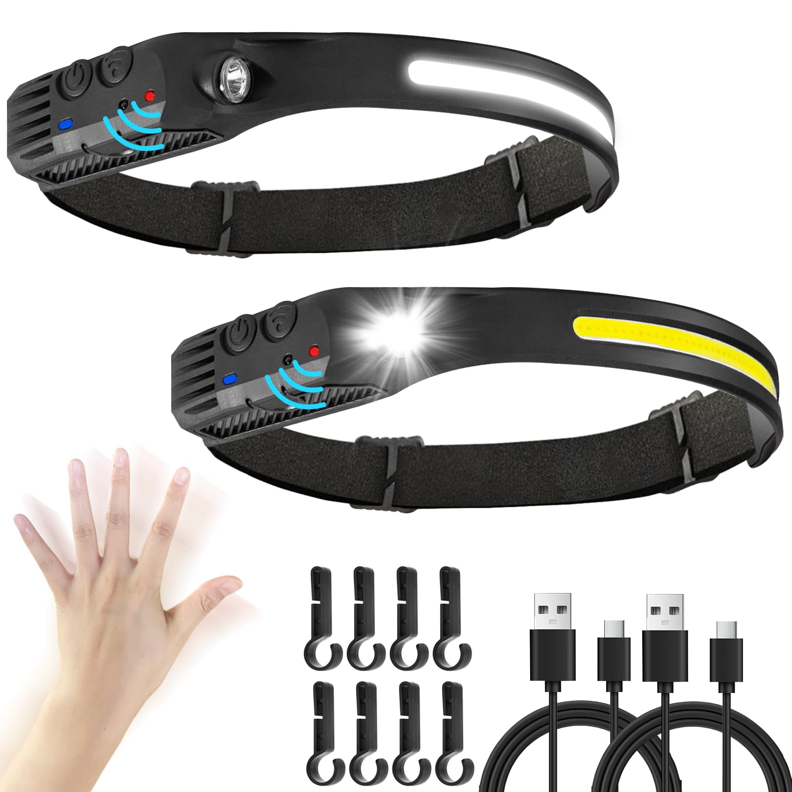 Carreuty 2 Pcs Head Torch Rechargeable with Motion Sensor， Lumilight Head Torch Adjustable IPX5 Waterproof，Lightweight LED Headlamp Long Lasting Super Bright for Camping,Running,Cycling