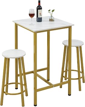 Finnhomy Bar Table Set, 23.6" Pub Table High Top Table, Square Bar Height Table, Bar Table with Stools, Kitchen Table Set for 2, Industrial Breakfast for Kitchen, Living Room, Gold