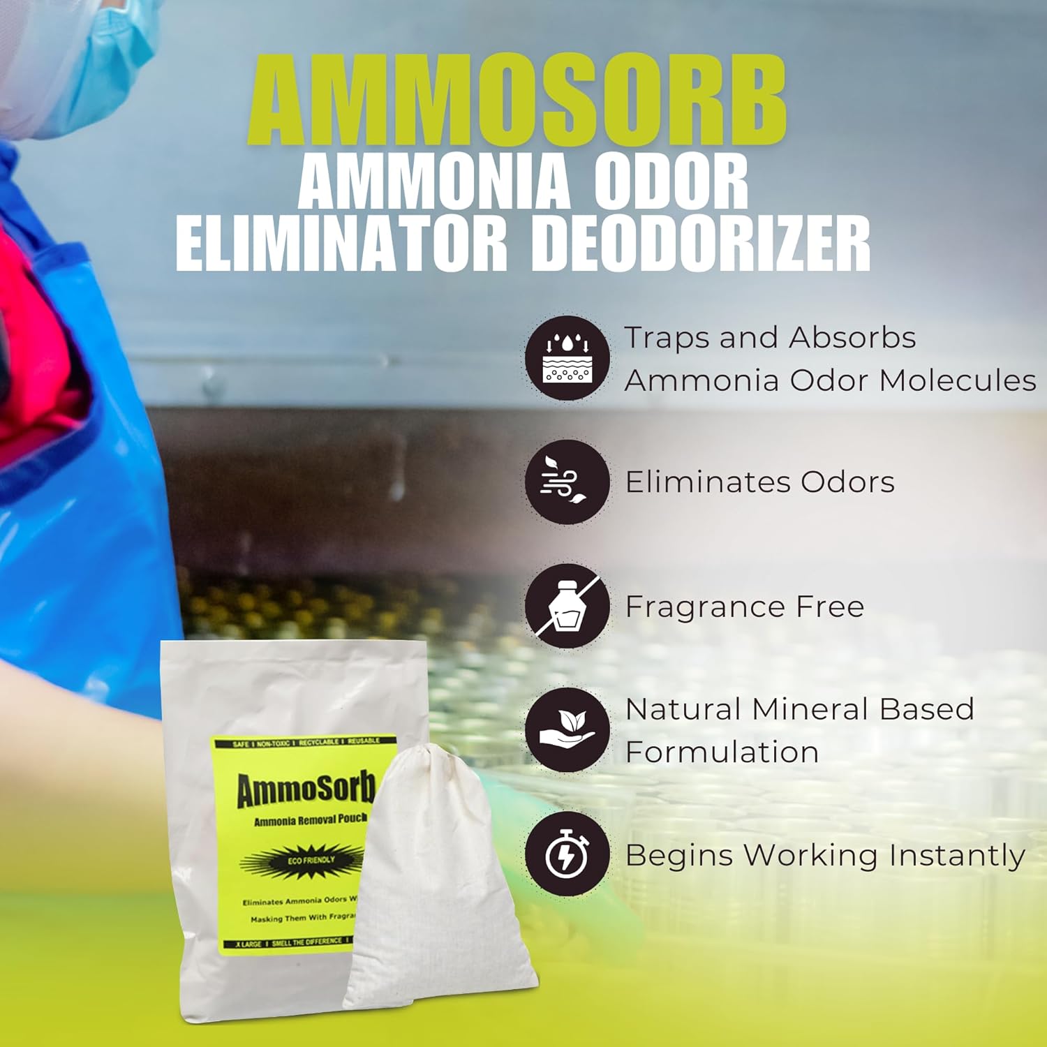 Reusable Ammonia Odor Eliminator Deodorizer Pouch: Treats 150 Sq. Ft.