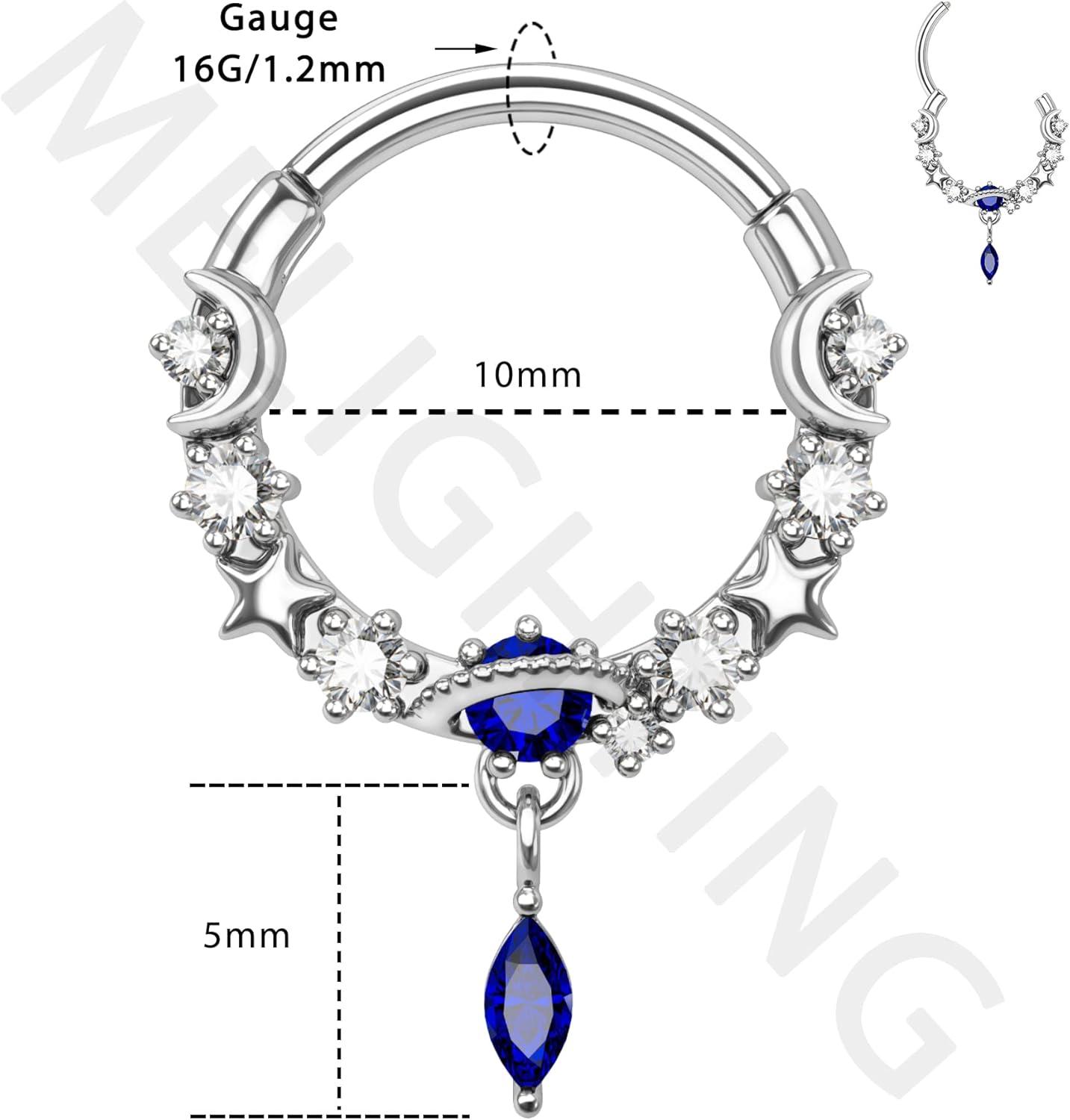 Melighting 16G Septum Rings Dangle Septum Jewelry with Blue Planet Clear CZ Stainless Steel 316L Daith Piercing Jewelry Moon Septum Piercing Helix Earring for Women - Image 6