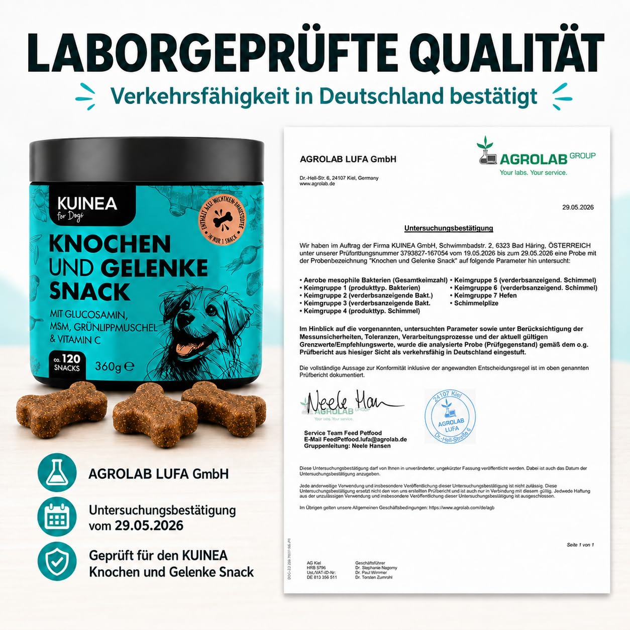 KUINEA® Hochkonzentrierte Gelenktabletten für Hunde als Leckerli – 120 Soft Chews (360g) – Grünlippmuschel Hund, Glucosamin, MSM & Vitamin C – Knochen & Gelenke – Getreide- & zuckerfrei, laborgeprüft