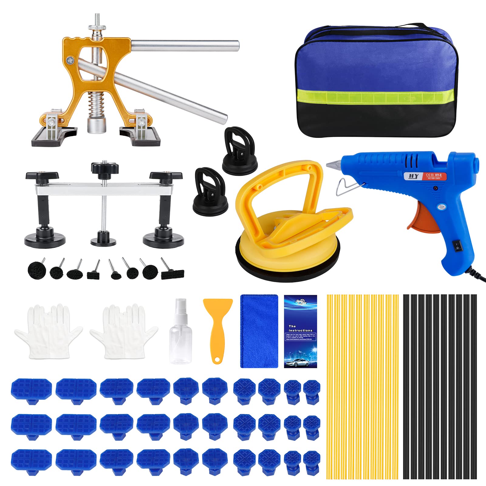 Dent Puller Kit, 63pcs Cars Paintless Dent Repair kit with Golden Lifter, Bridge Puller Tool, Dent Removal Kit for Auto Body, Hail Damage, Motorcycle Minor Dent Remove