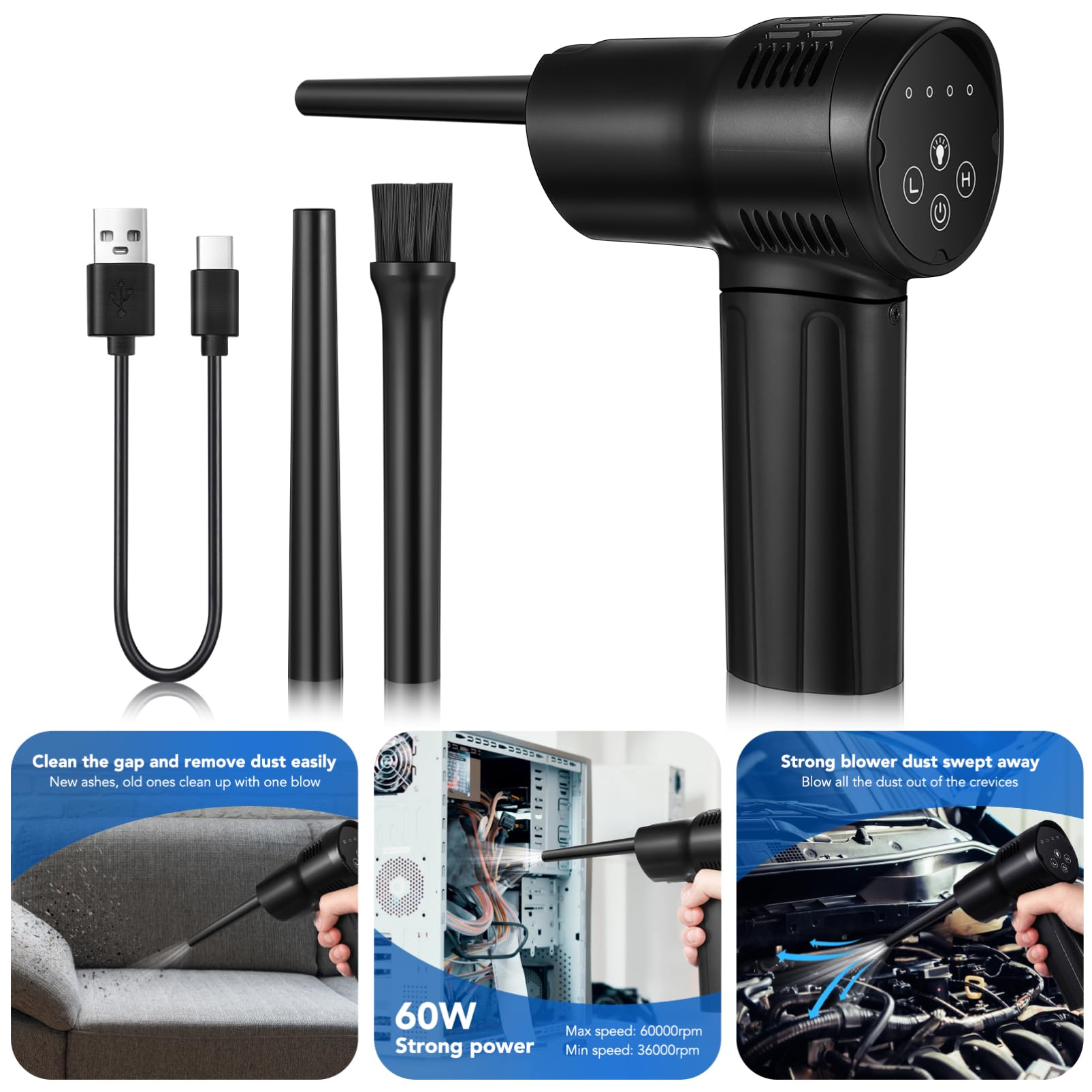 HOMSFOU Spolveratore Aria Compressa Senza Fili 60w Nero per Elettronica
