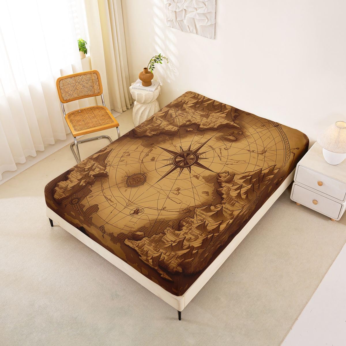 Manfei Juego de sábanas bajeras con diseño de brújula, tamaño King, mapa náutico, 3 piezas, sábanas de aventura oceánica con 2 fundas de almohada, decoración de habitación infantil y niña, ropa de